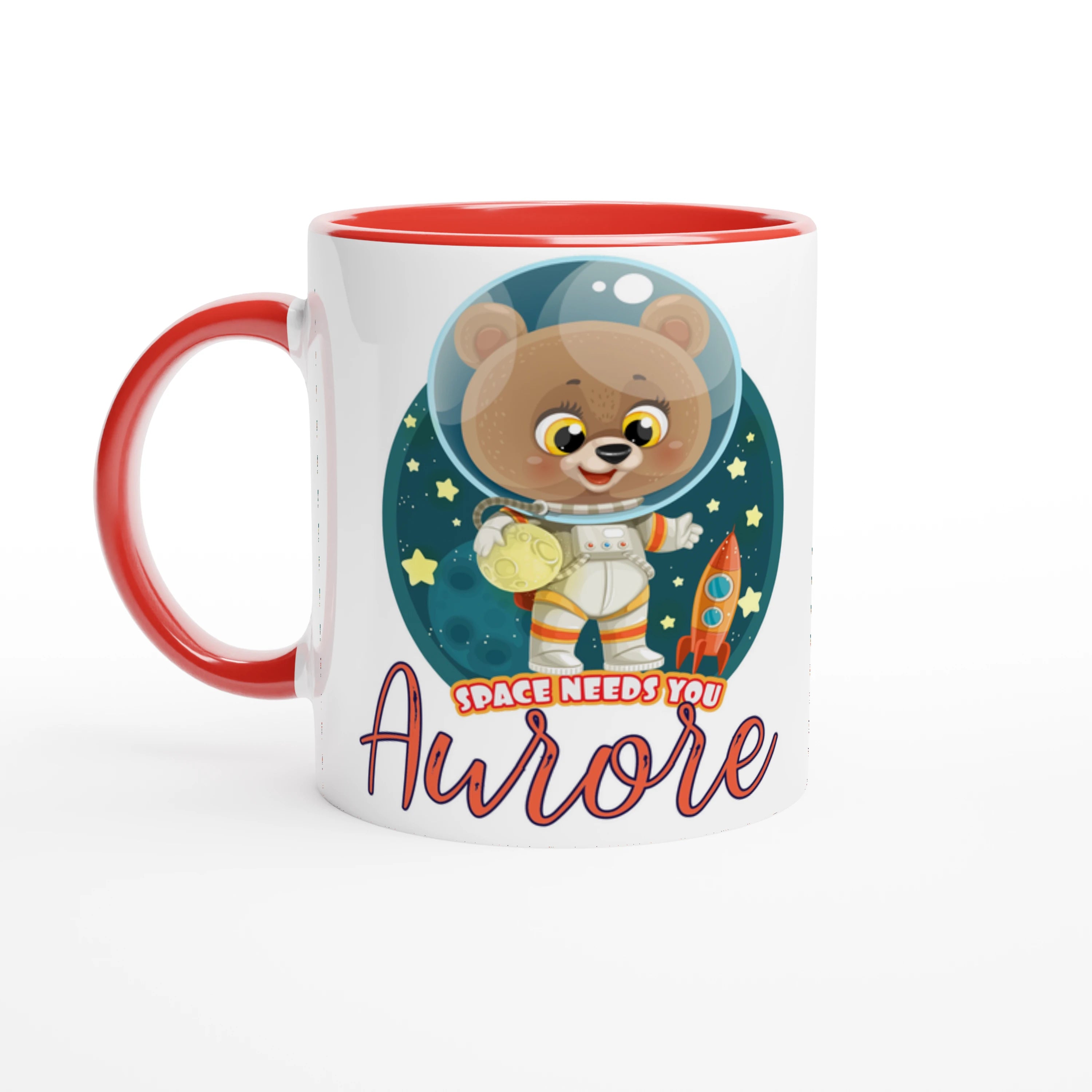 Mug personnalisé avec ourson astronaute et planète dorée, intérieur rouge, parfait pour un cadeau dynamique et unique.
