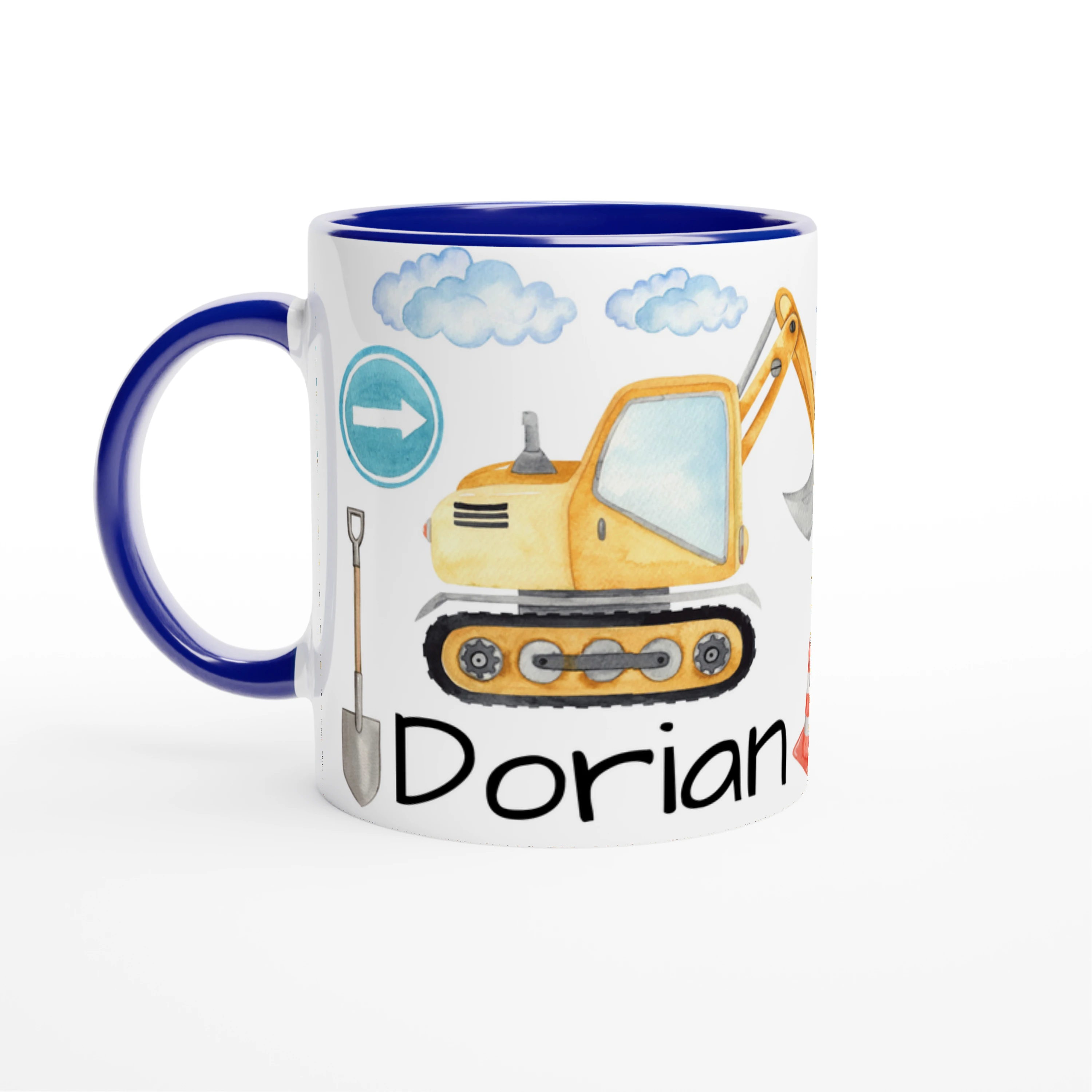 Mug personnalisé avec grues et pelleteuses en dessin aquarelle, intérieur bleu, parfait pour un petit passionné de véhicules de chantier.