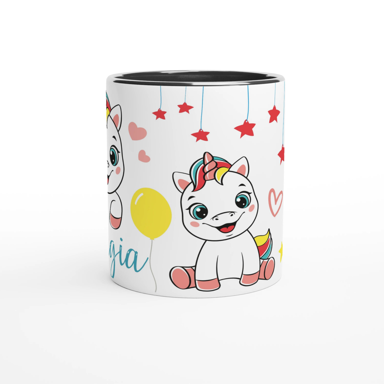 Mug personnalisé avec licorne et ballons colorés, intérieur noir, pour une touche élégante et féerique.