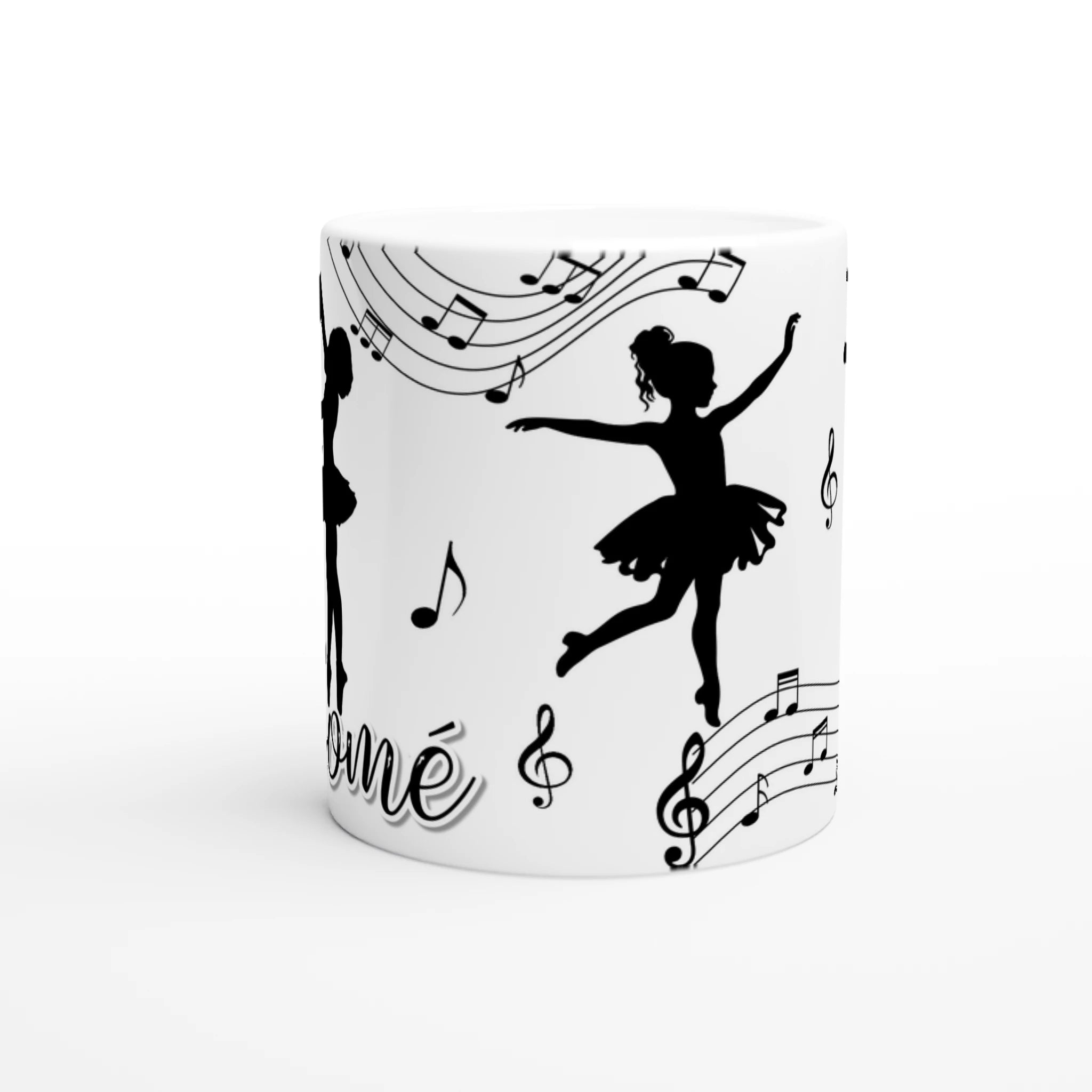 Mug personnalisable tout blanc avec prénom, silhouette de danseuse classique et notes de musique, idéal pour un cadeau élégant et unique.