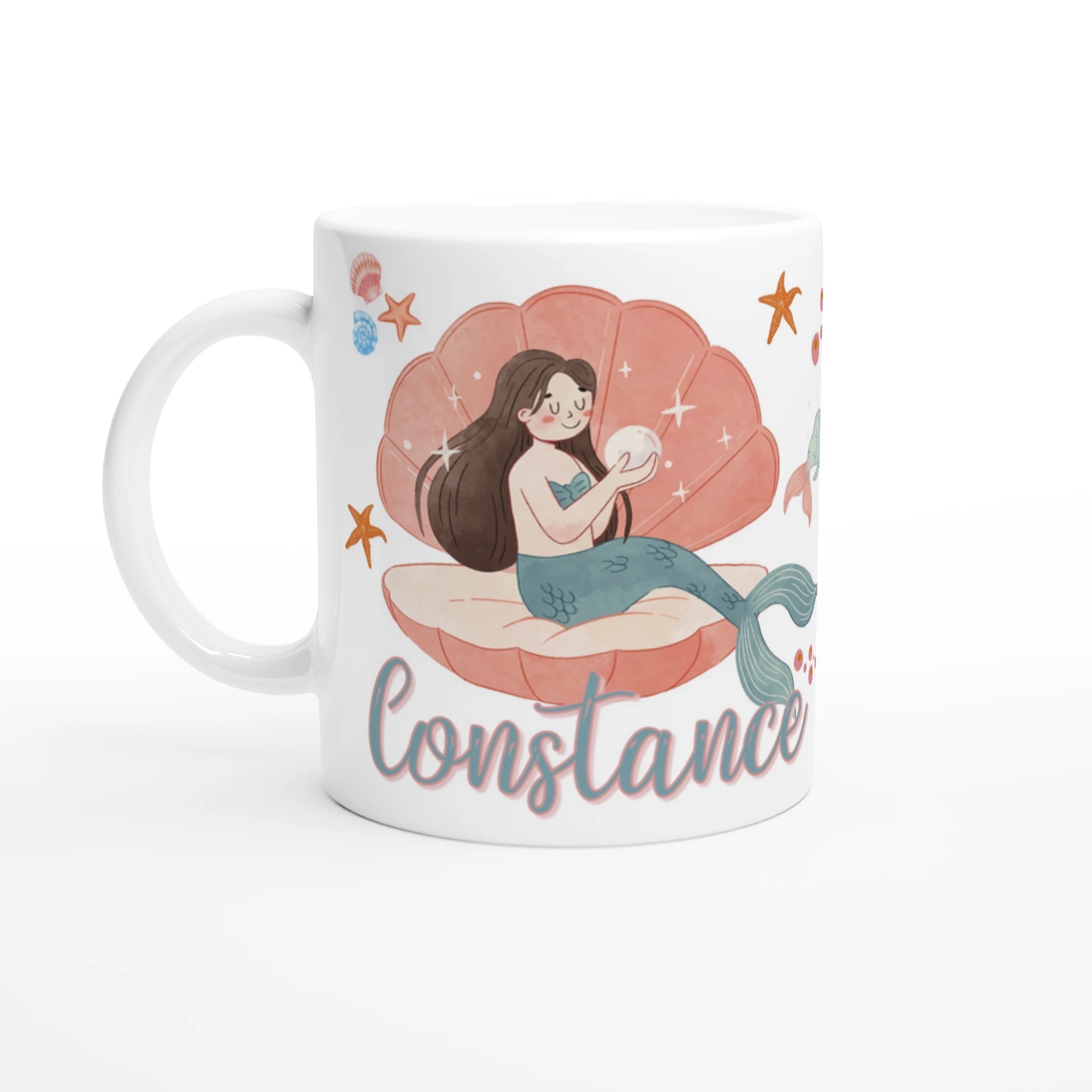Mug personnalisé tout blanc avec illustration de sirènes aquarelle, décor marin et coquillages, idéal pour un cadeau enfant.