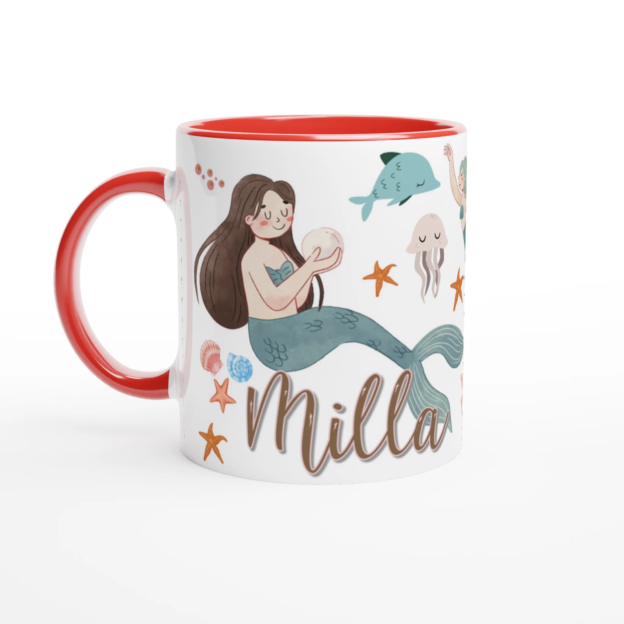 Mug personnalisé avec motifs de sirènes aquarelle et décor marin, intérieur rouge, parfait pour une passionnée de la mer.