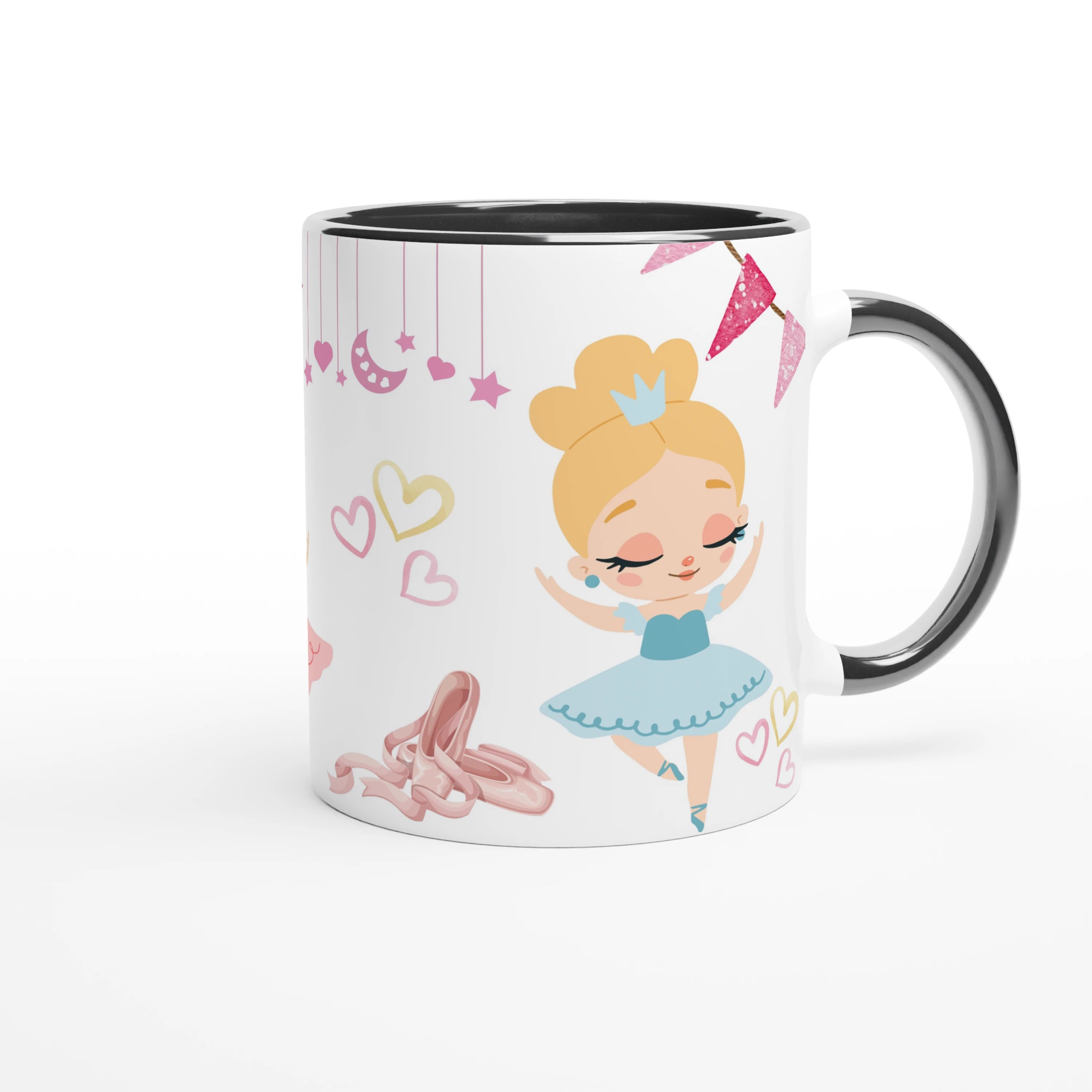 Mug prénom personnalisable avec danseuse en robe bleue, intérieur noir, parfait comme cadeau élégant pour une enfant passionnée de danse.