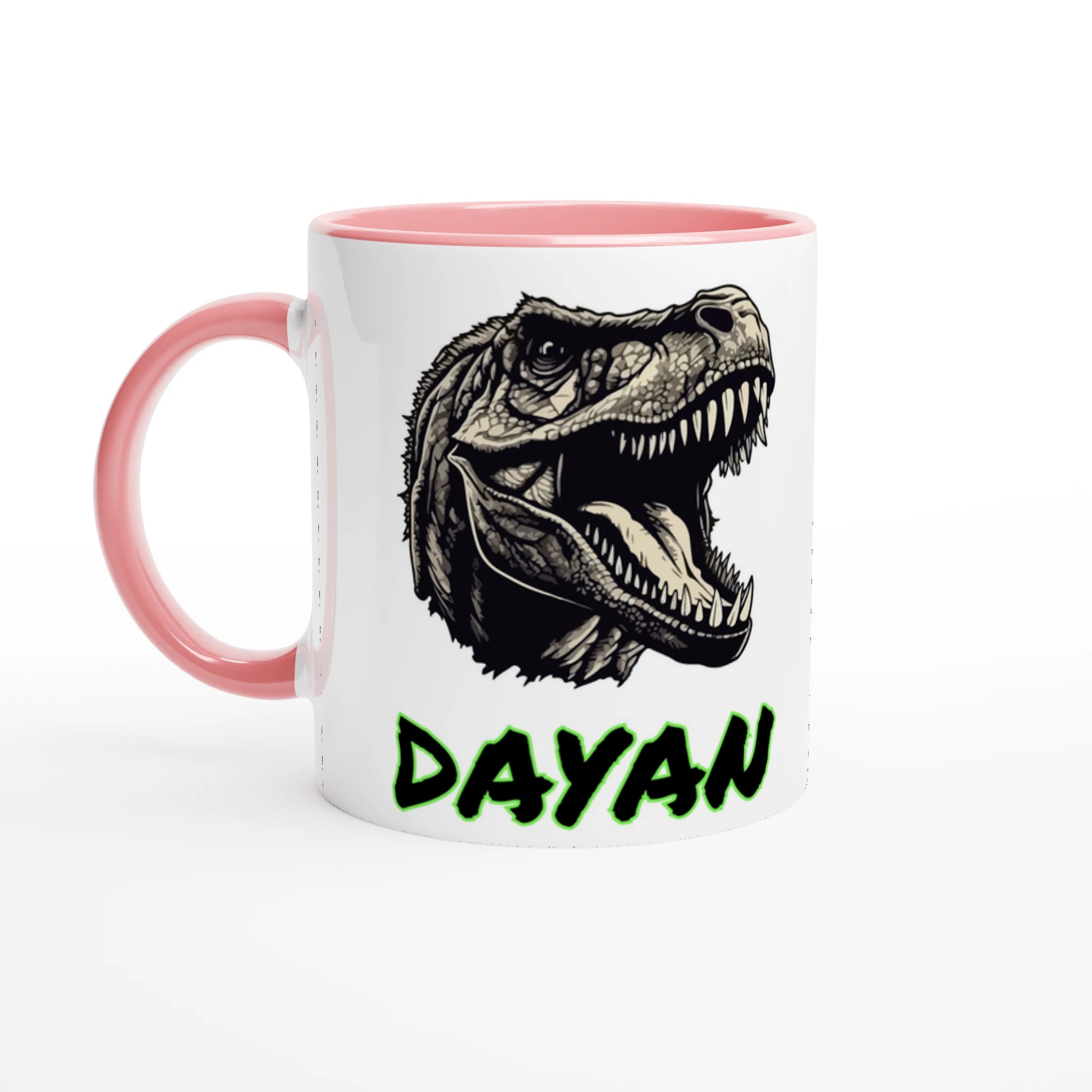Mug personnalisé avec motif T-Rex noir et prénom, intérieur rose, parfait pour les fans de dinosaures.