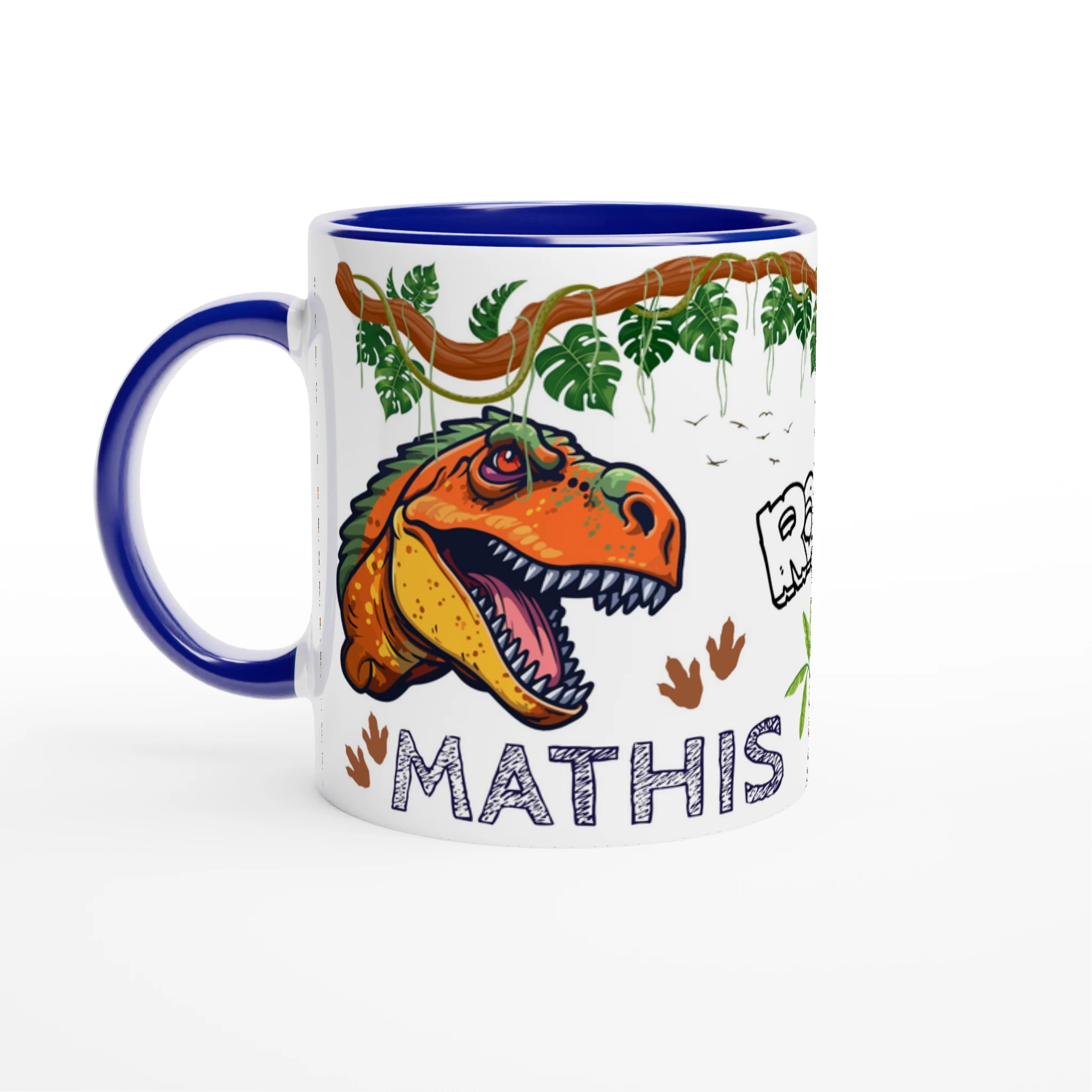 Mug personnalisé avec motif dinosaure T-Rex, intérieur bleu, cadeau idéal pour enfant.