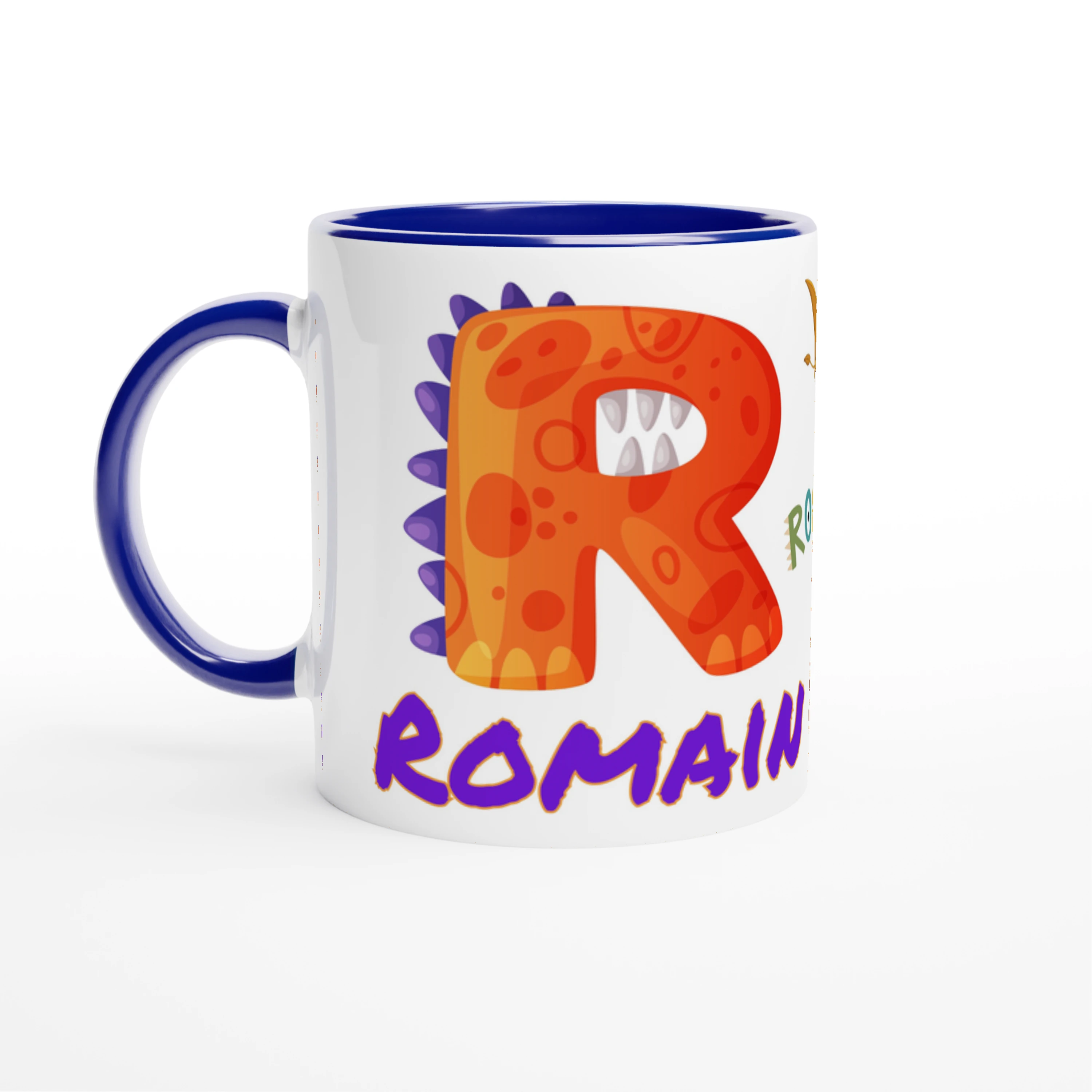 Tasse personnalisée pour enfant avec motif dinosaure et prénom idéal pour les fans de dinosaures, disponible avec un intérieur bleu.