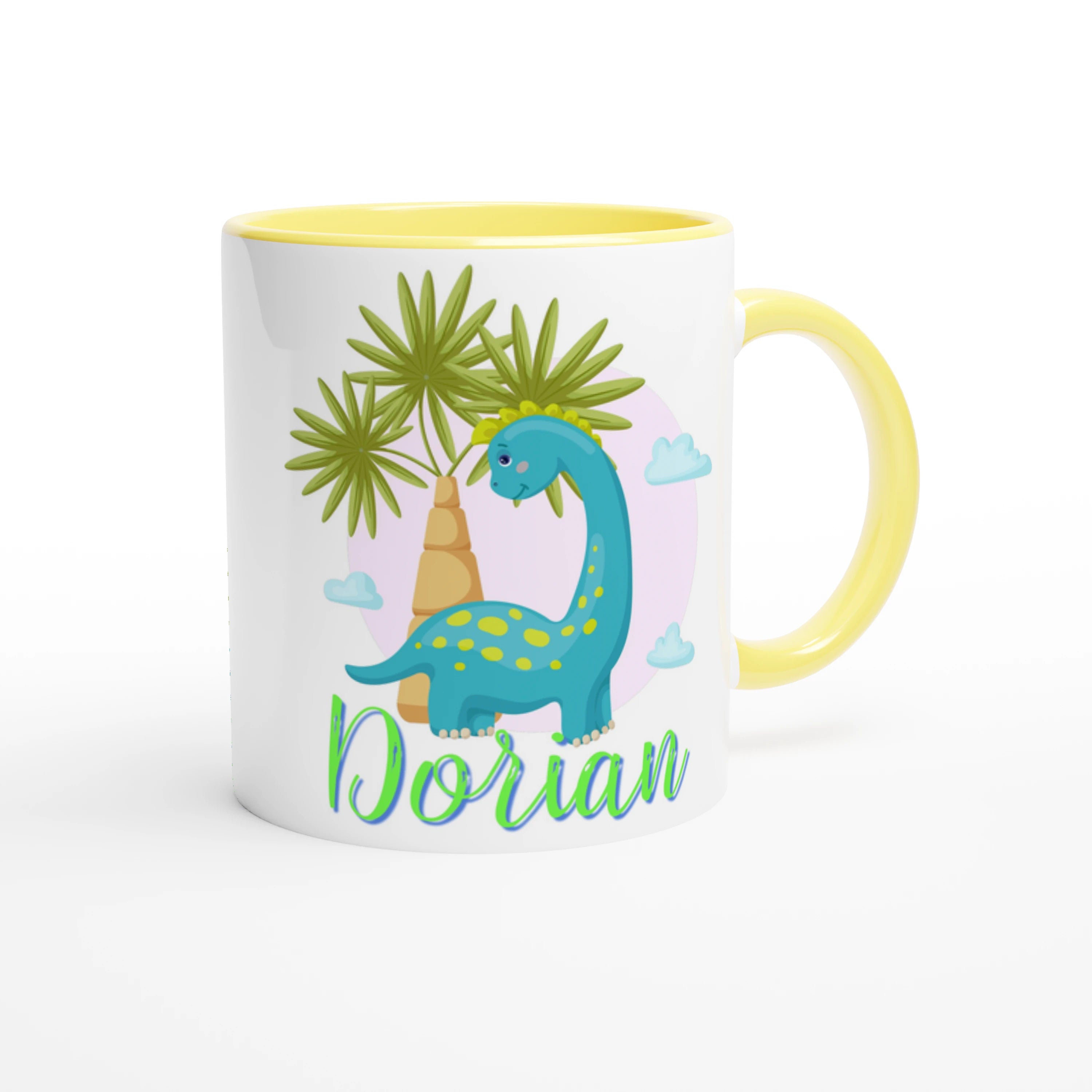 Mug personnalisé avec dinosaure bleu, intérieur jaune, parfait comme cadeau original pour enfant.