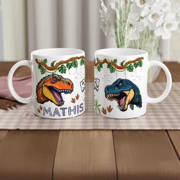 Mug personnalisé avec dinosaure orange et bleu