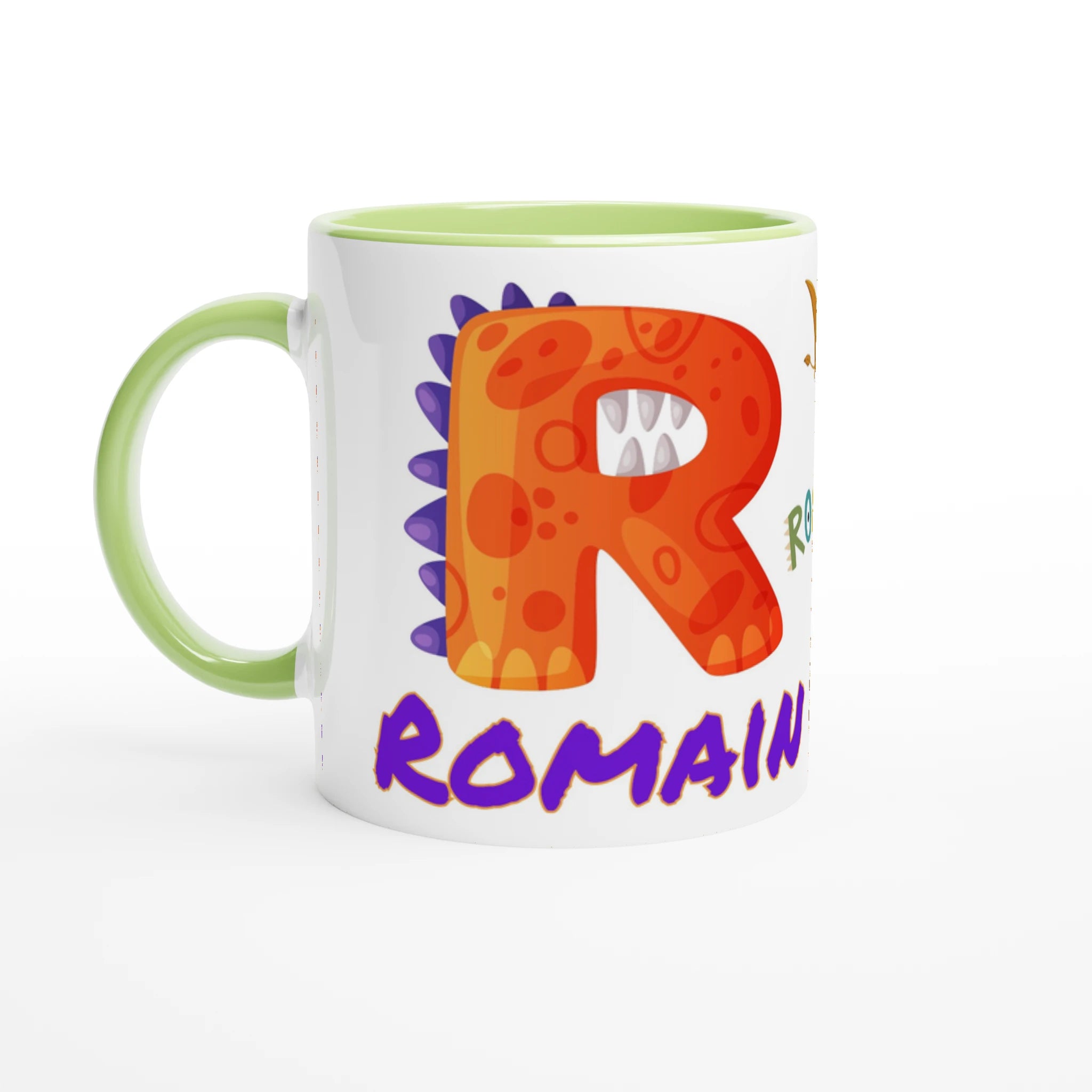 Tasse personnalisée pour enfant avec motif dinosaure et prénom idéal pour les fans de dinosaures, disponible avec un intérieur vert.
