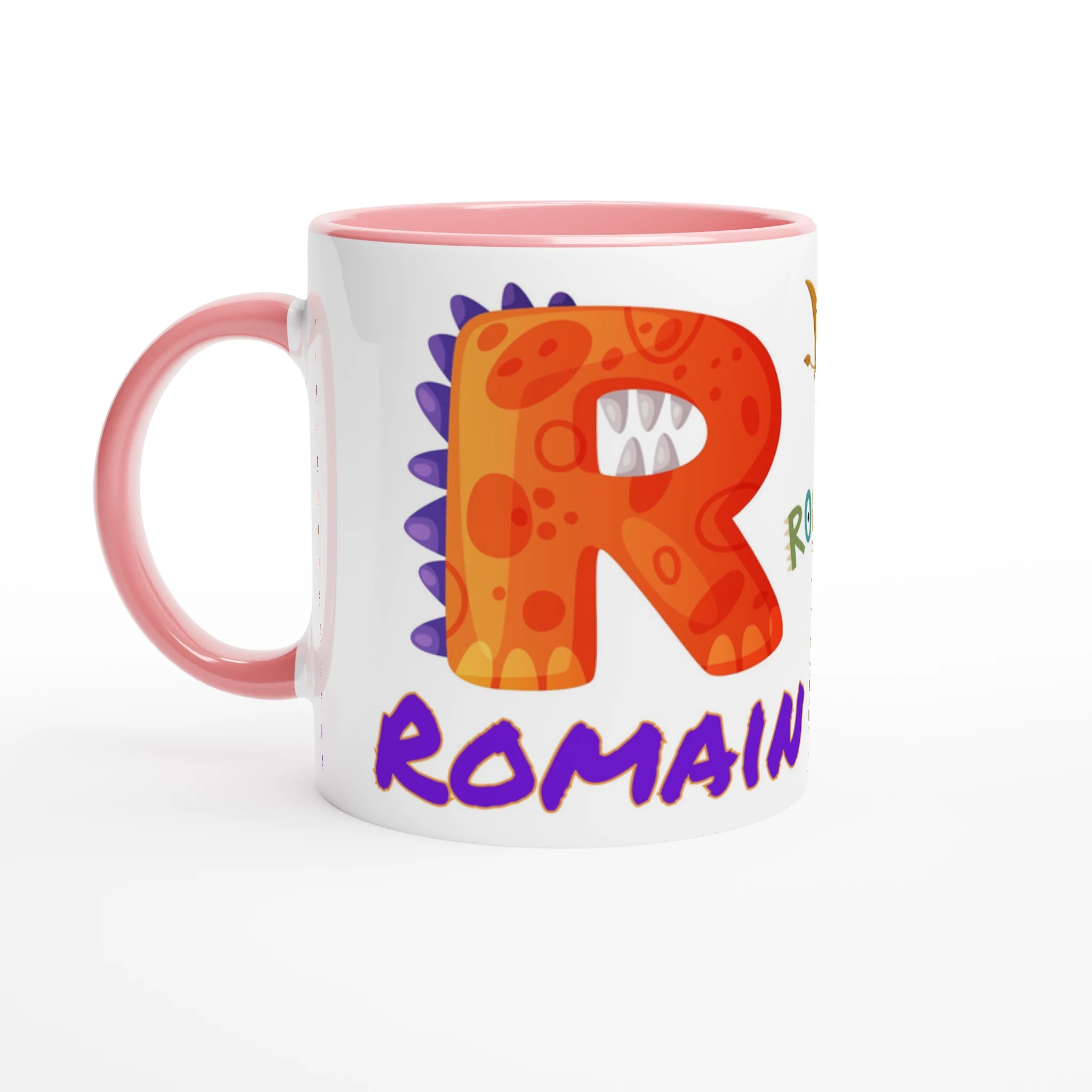 Tasse personnalisée pour enfant avec motif dinosaure et prénom idéal pour les fans de dinosaures, disponible avec un intérieur rose.