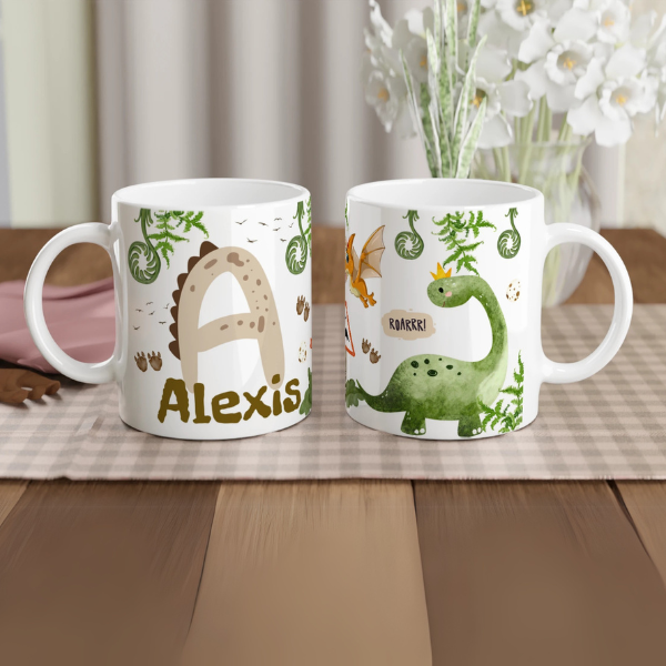 Mug personnalisé dinosaure vert long cou avec initial et prénom