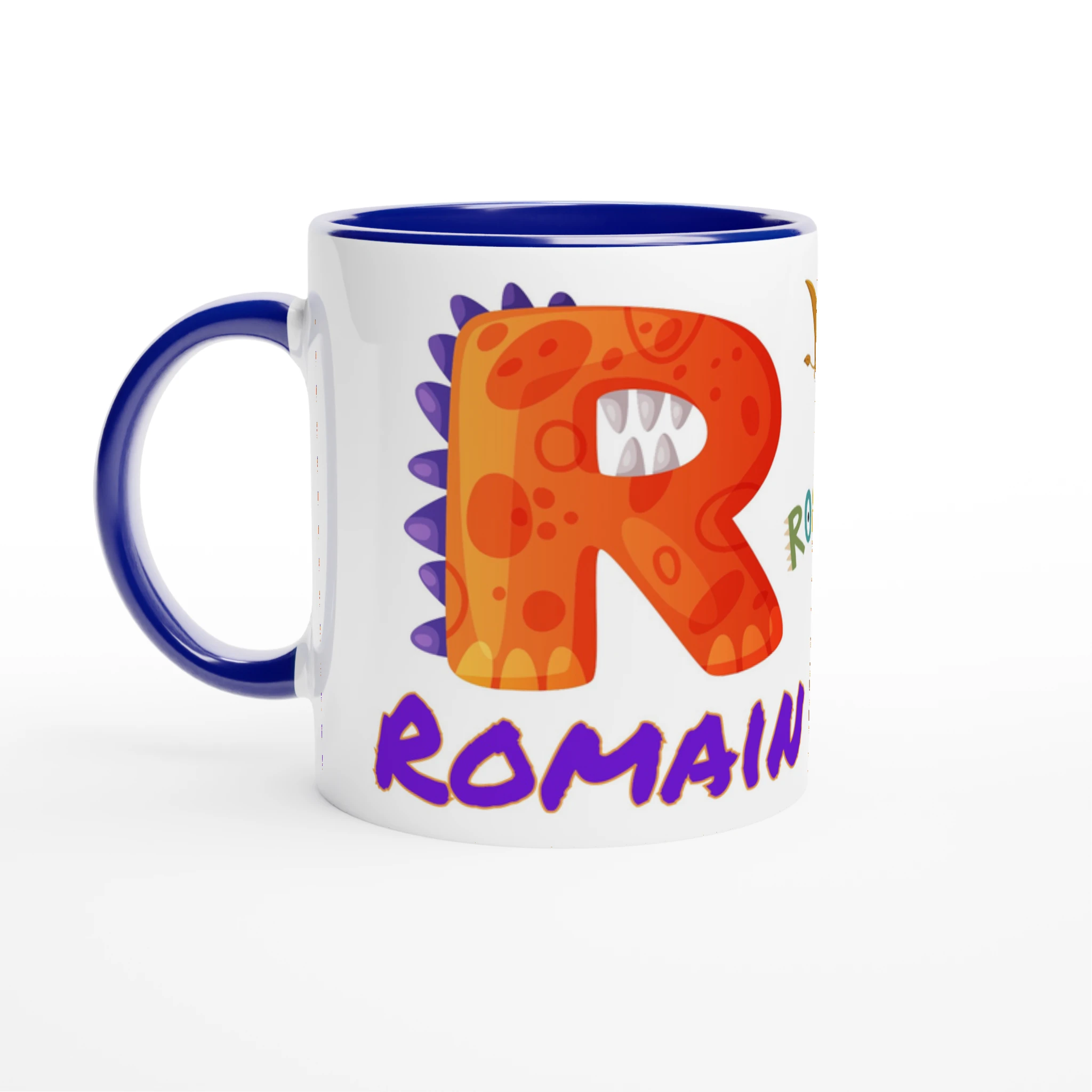 Tasse personnalisée pour enfant avec motif dinosaure et prénom idéal pour les fans de dinosaures, disponible avec un intérieur bleu.