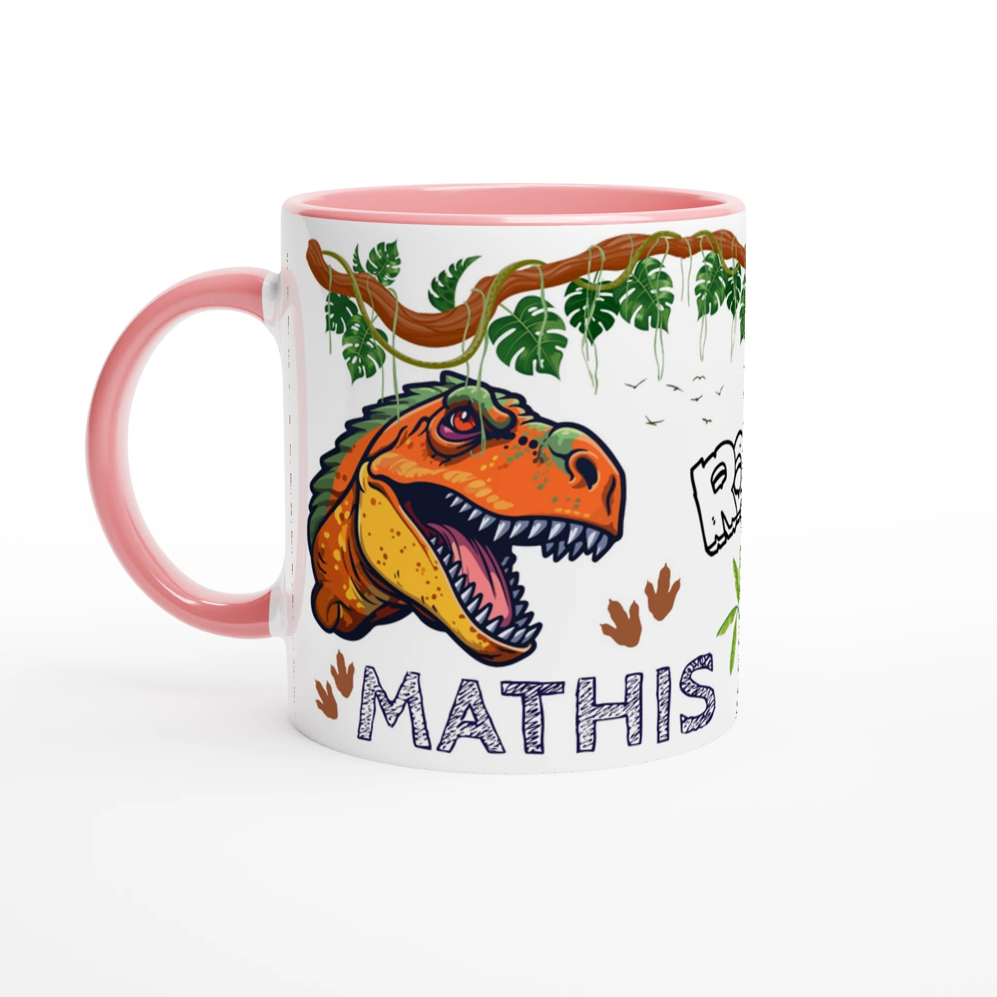 Mug personnalisé avec motif dinosaure T-Rex, intérieur rose, cadeau idéal pour enfant.