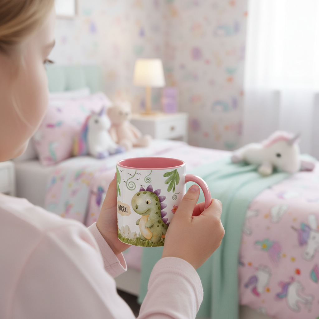 Mug enfant dinosaure tenu par un enfant dans une chambre décorée avec jouets