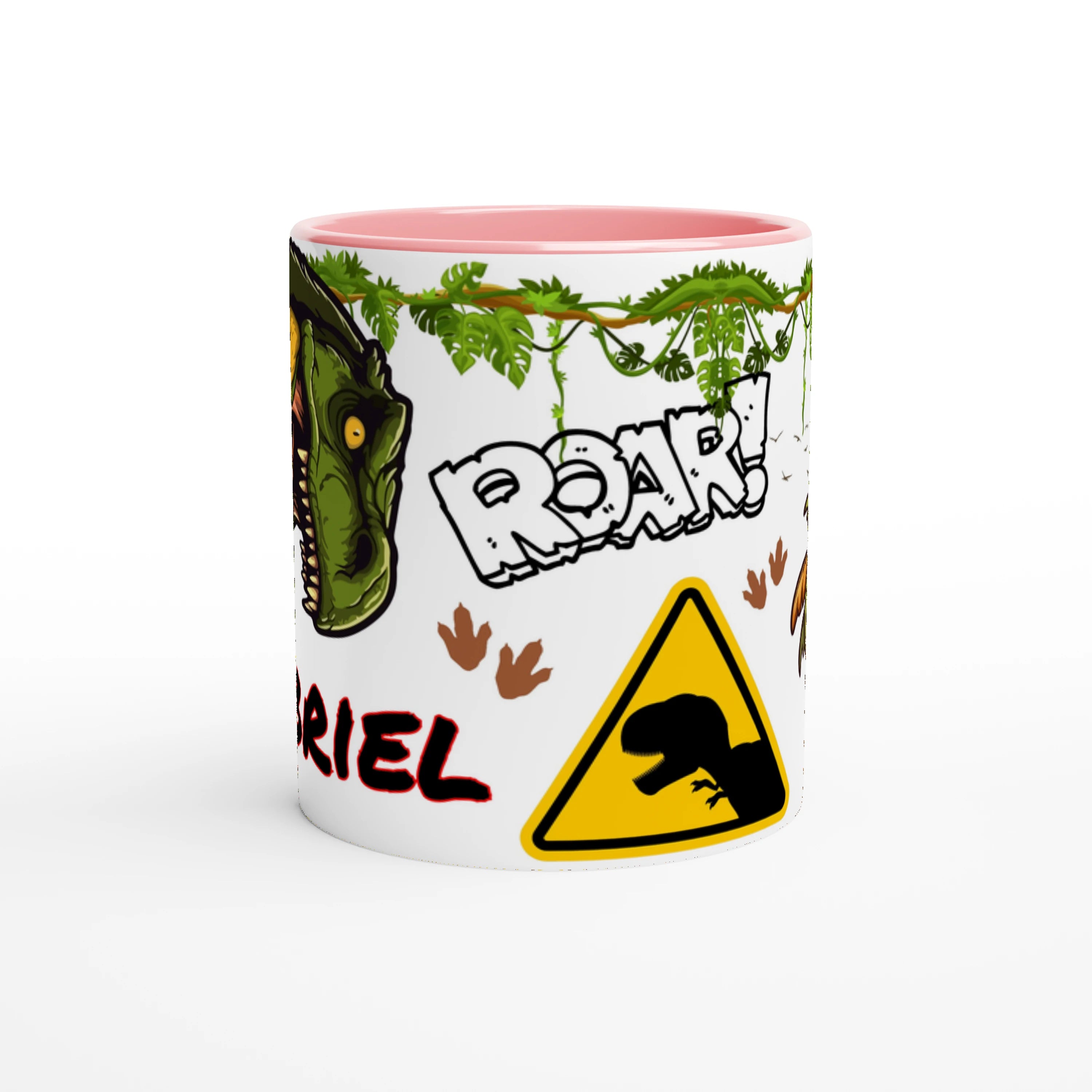 Tasse personnalisée dinosaure avec prénom, intérieur rose, parfait comme cadeau pour garçon.