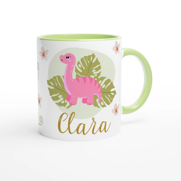 Tasse dinosaure rose personnalisé avec prénom, intérieur vert, parfait comme cadeau pour enfant passionné de dinosaures.