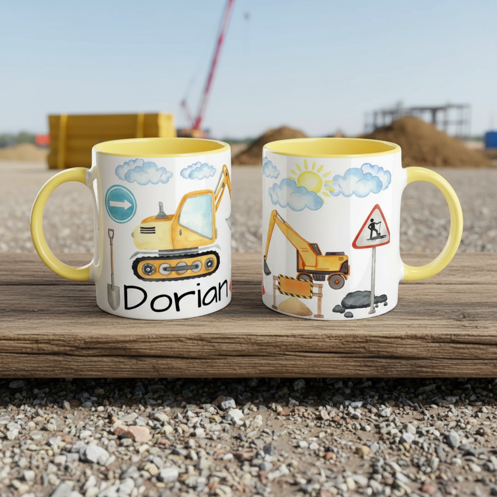 mug enfant engins de chantier avec poignée jaune posé sur bois