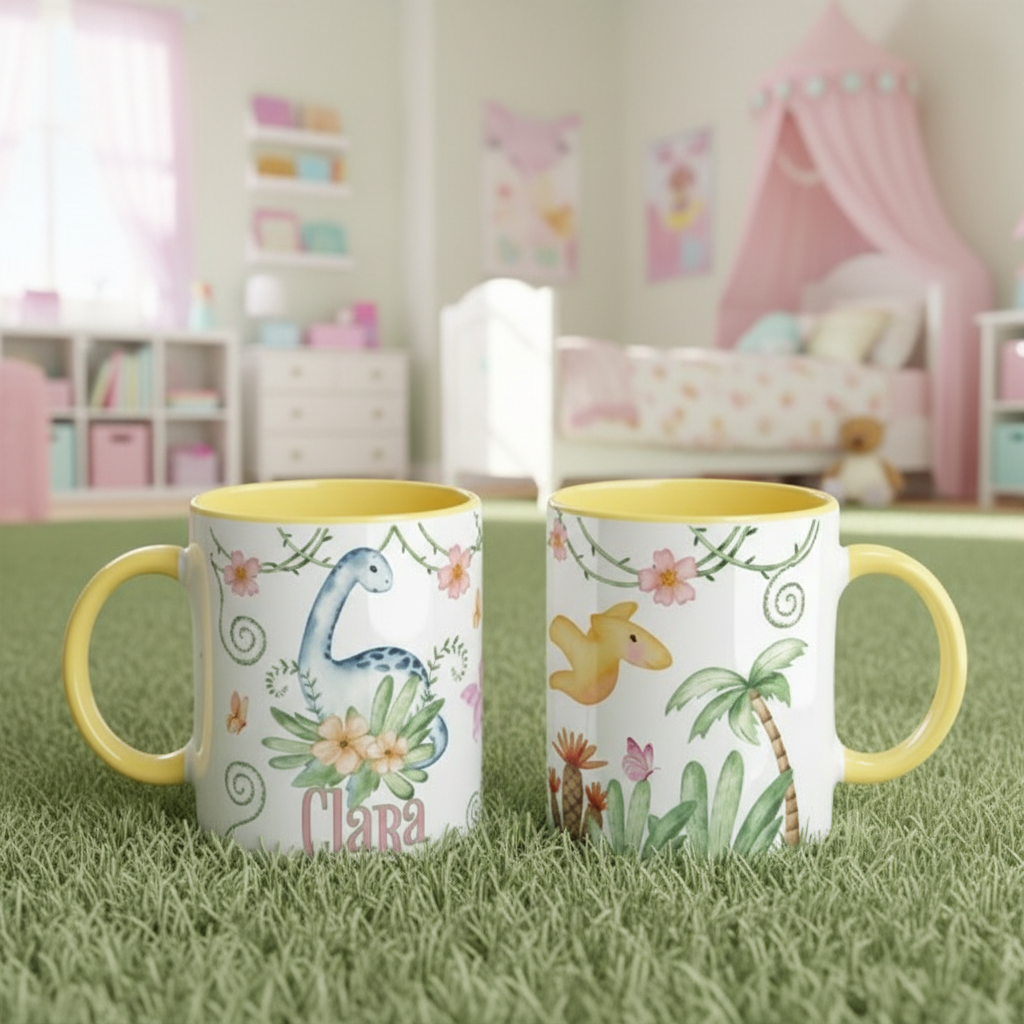 Tasse enfant en céramique avec motif dinosaure, mise en scène dans une chambre d’enfant, mug personnalisé idéal pour boisson chaude ou froide