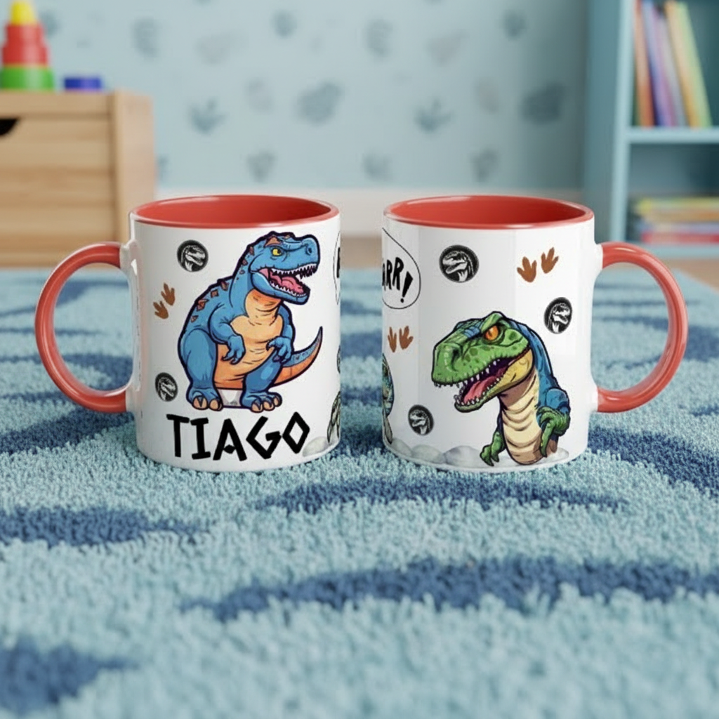 Tasses enfant personnalisées avec illustrations de dinosaures colorés posées sur tapis bleu dans une chambre d’enfant