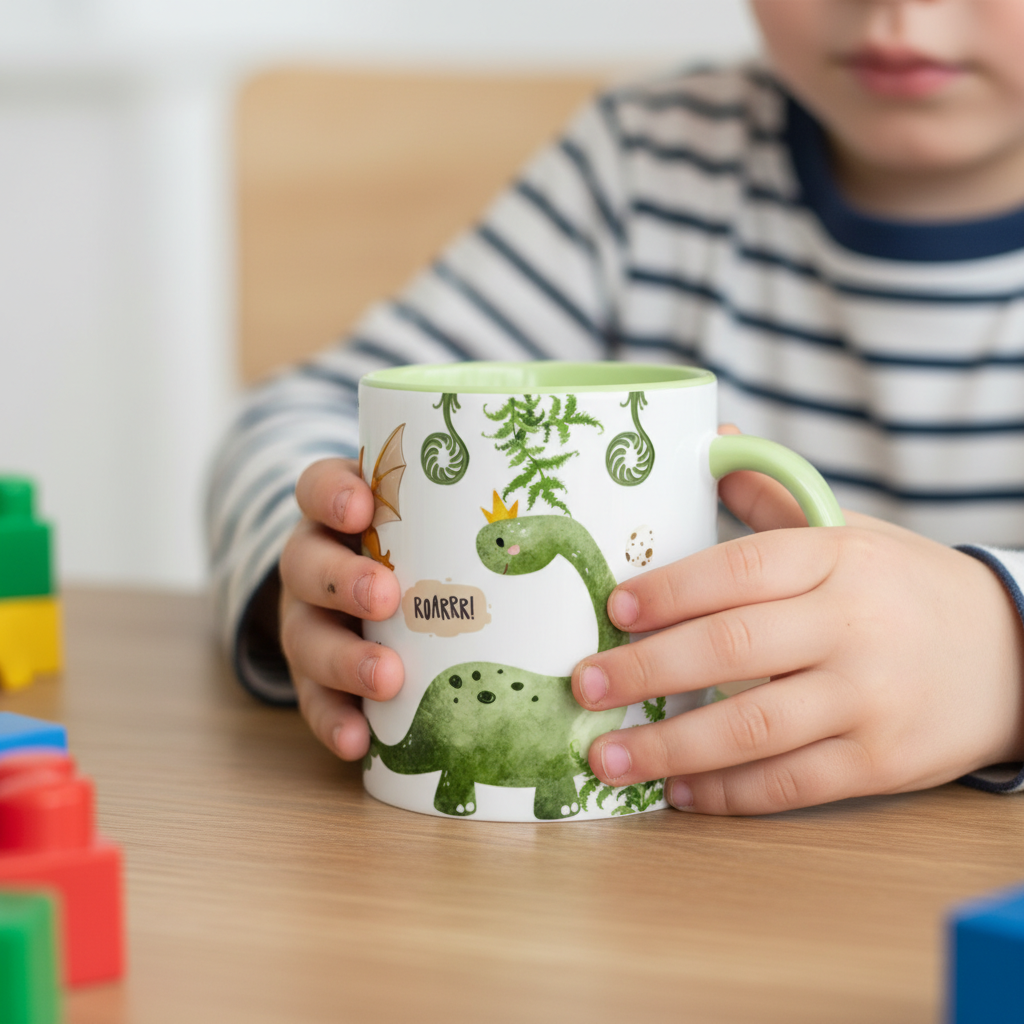 Tasse pour enfant avec motif dinosaure préhistorique, mug personnalisé enfant posé sur une table de jeu