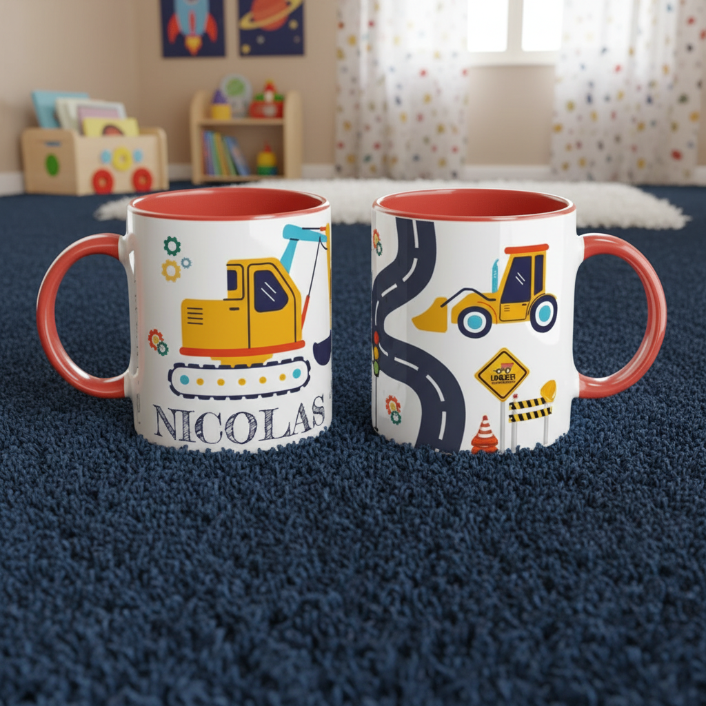 Tasse enfant personnalisée avec illustrations d’engins de construction en chambre