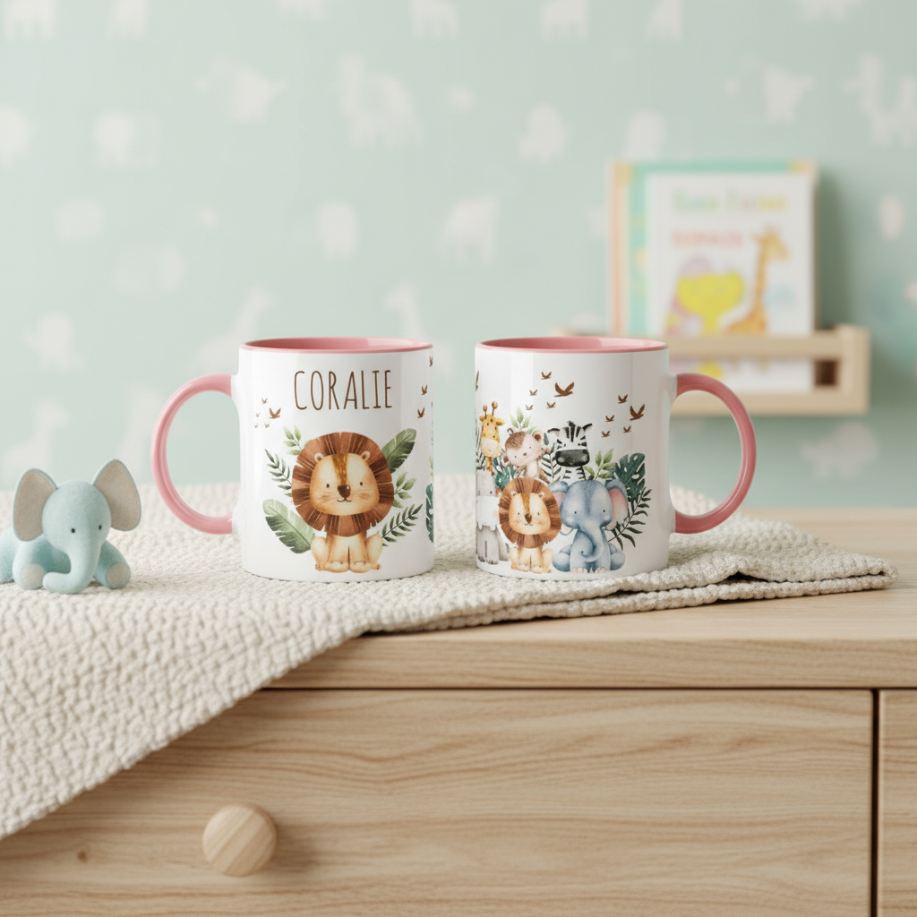 Mug enfant personnalisé jungle avec anse rose posé sur meuble, idée cadeau fille.
