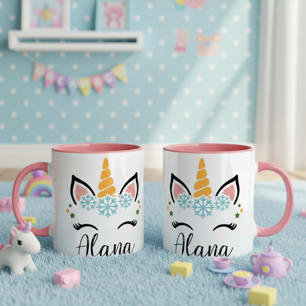 Tasse licorne personnalisée posée dans une chambre enfant décorée