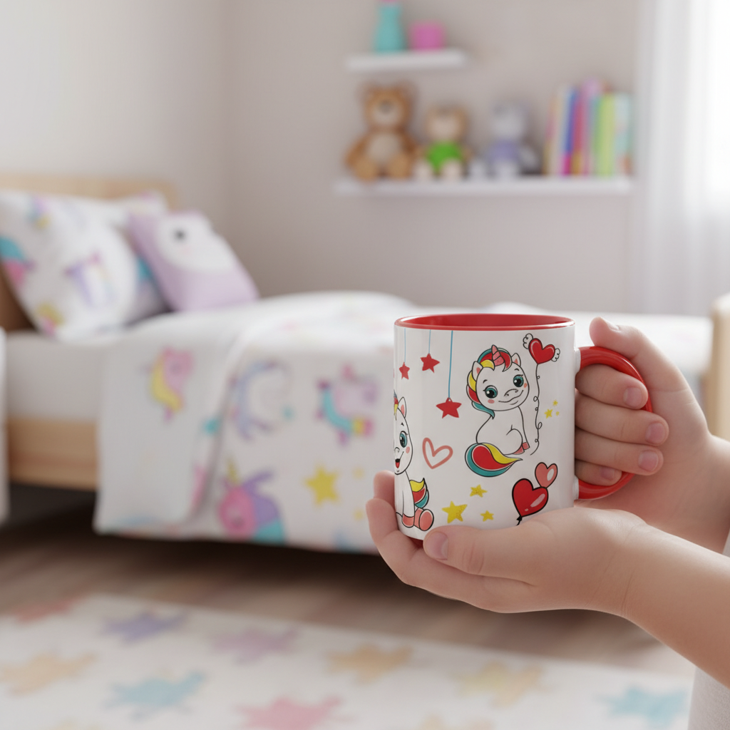 Tasse enfant licorne personnalisée tenue par un enfant, mug en céramique adapté aux petites mains