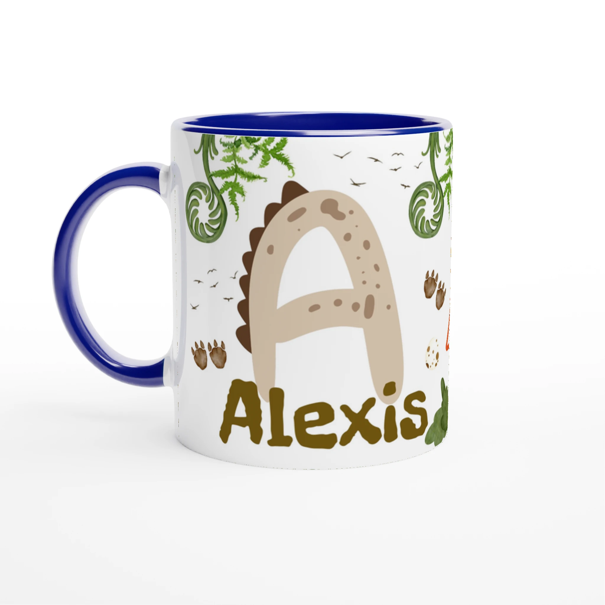 Mug avec initiale, prénom et motif dinosaure, intérieur bleu, parfait pour un enfant fan de dinosaures