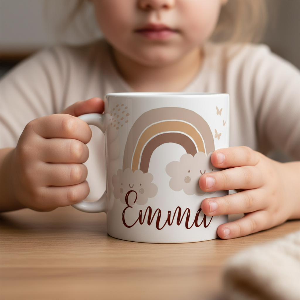 Mug enfant personnalisé avec arc-en-ciel posé sur une table dans une chambre lumineuse