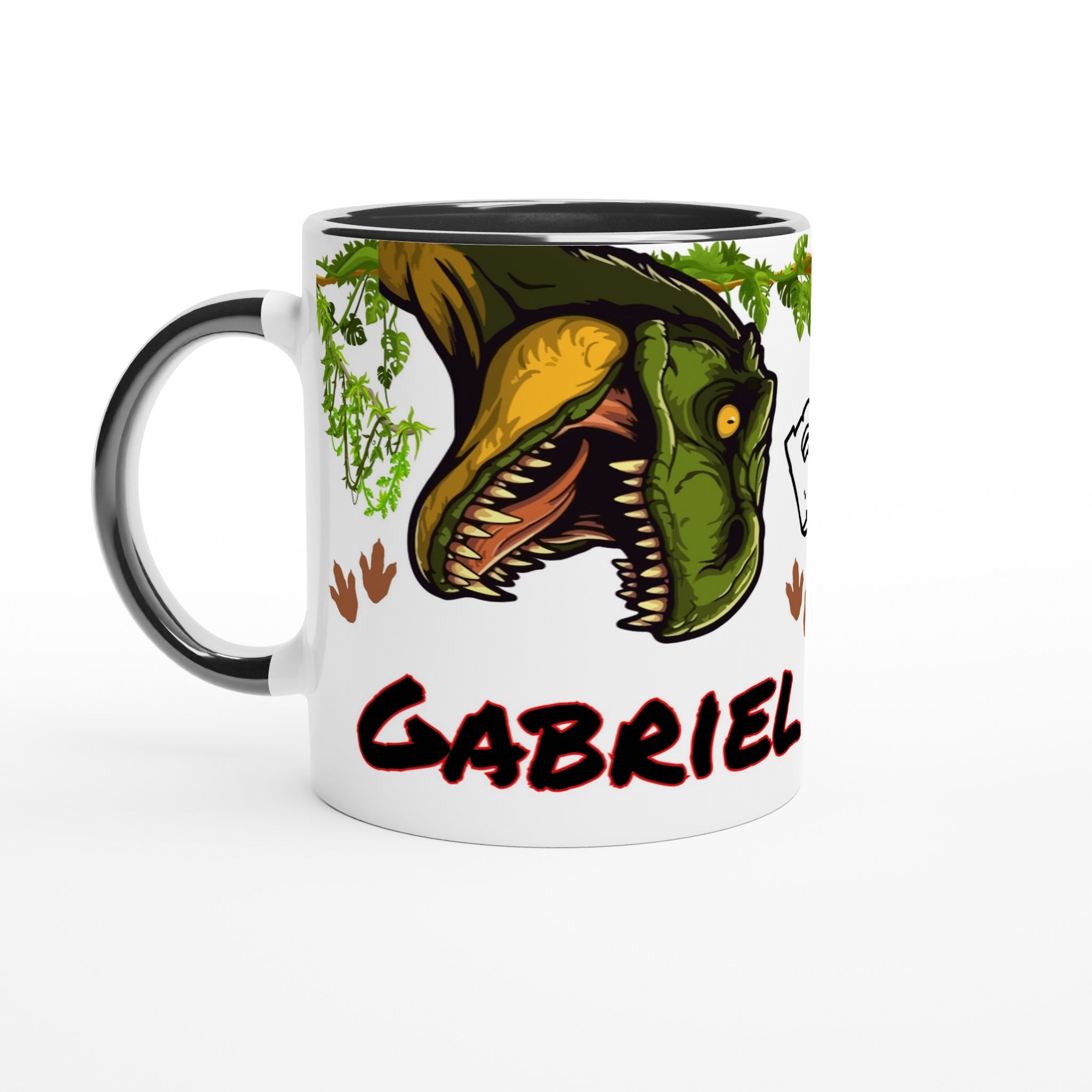 Mug dinosaure avec prénom personnalisé, intérieur noir, idéal pour les amateurs de dinosaures. Cadeau unique pour enfant ou fan de T-Rex