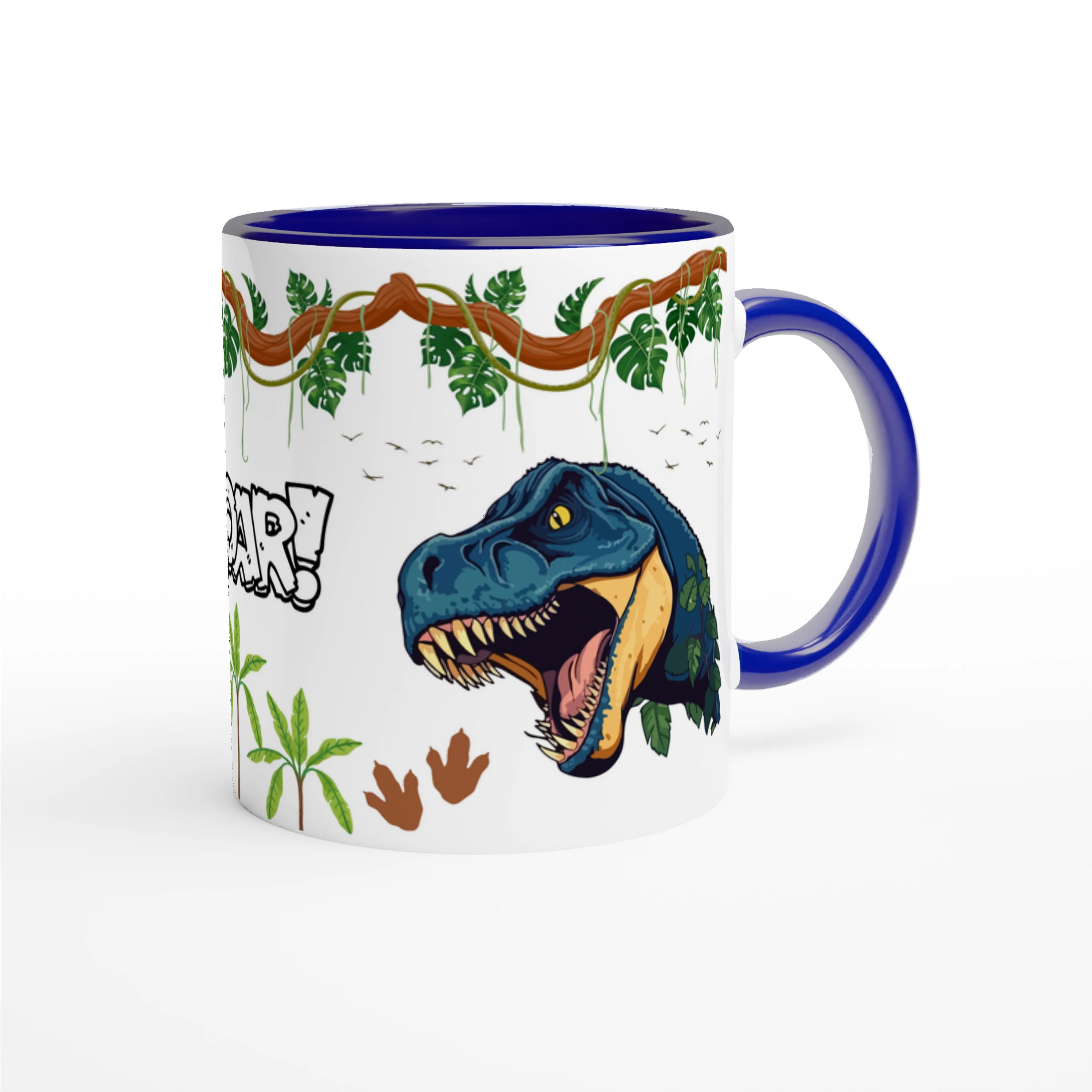 Tasse personnalisée avec motif dinosaure T-Rex, intérieur bleu, cadeau idéal pour enfant.