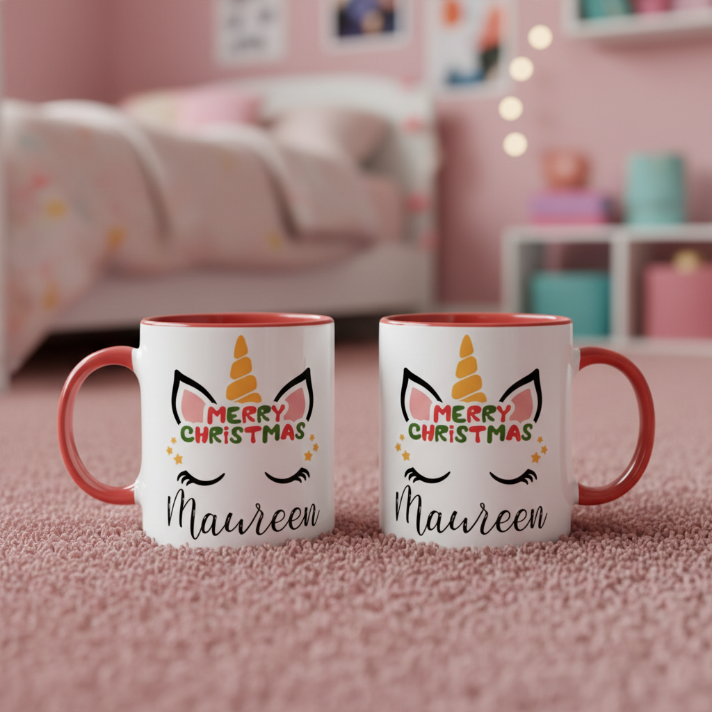 tasse licorne de Noël avec anse rouge et décoration festive