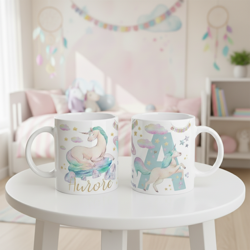 Mug licorne personnalisé avec prénom posé sur une table dans une chambre d’enfant