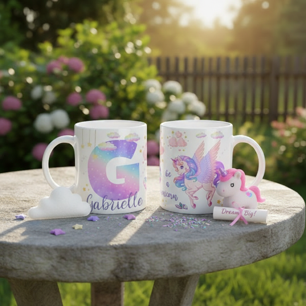Tasse licorne personnalisée avec initiale étoilée et illustration féerique pour enfant
