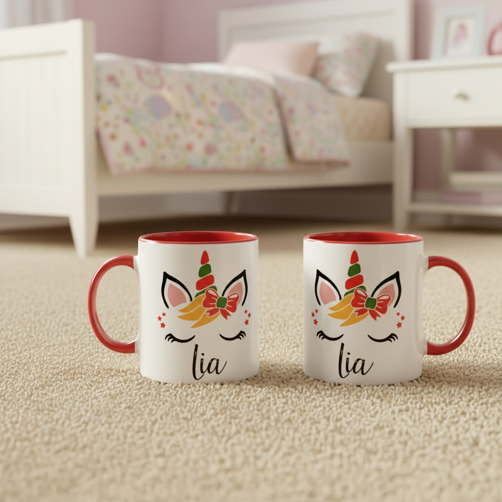 tasse licorne personnalisée enfant avec anse rouge
