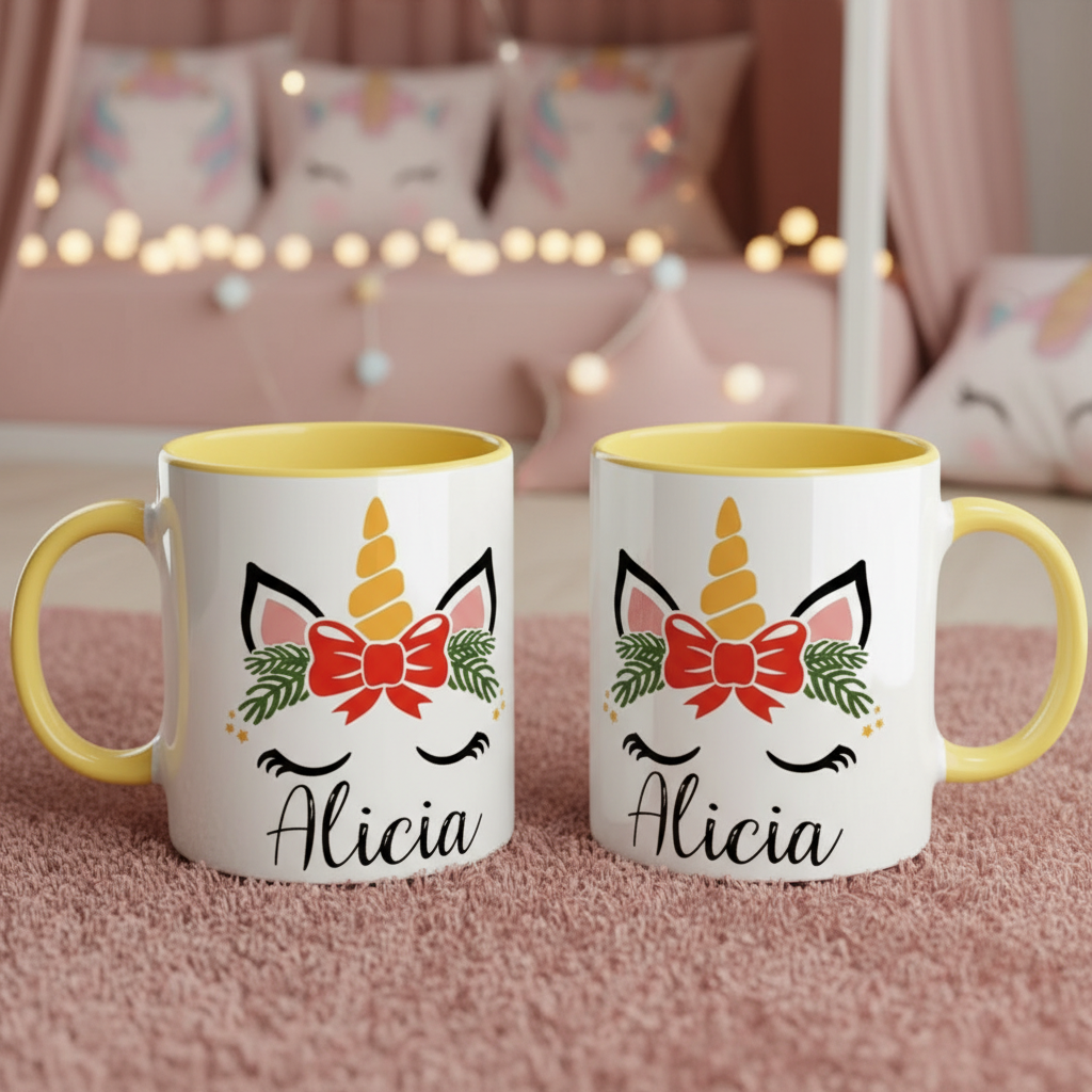 Tasse licorne personnalisée avec intérieur jaune et design festif
