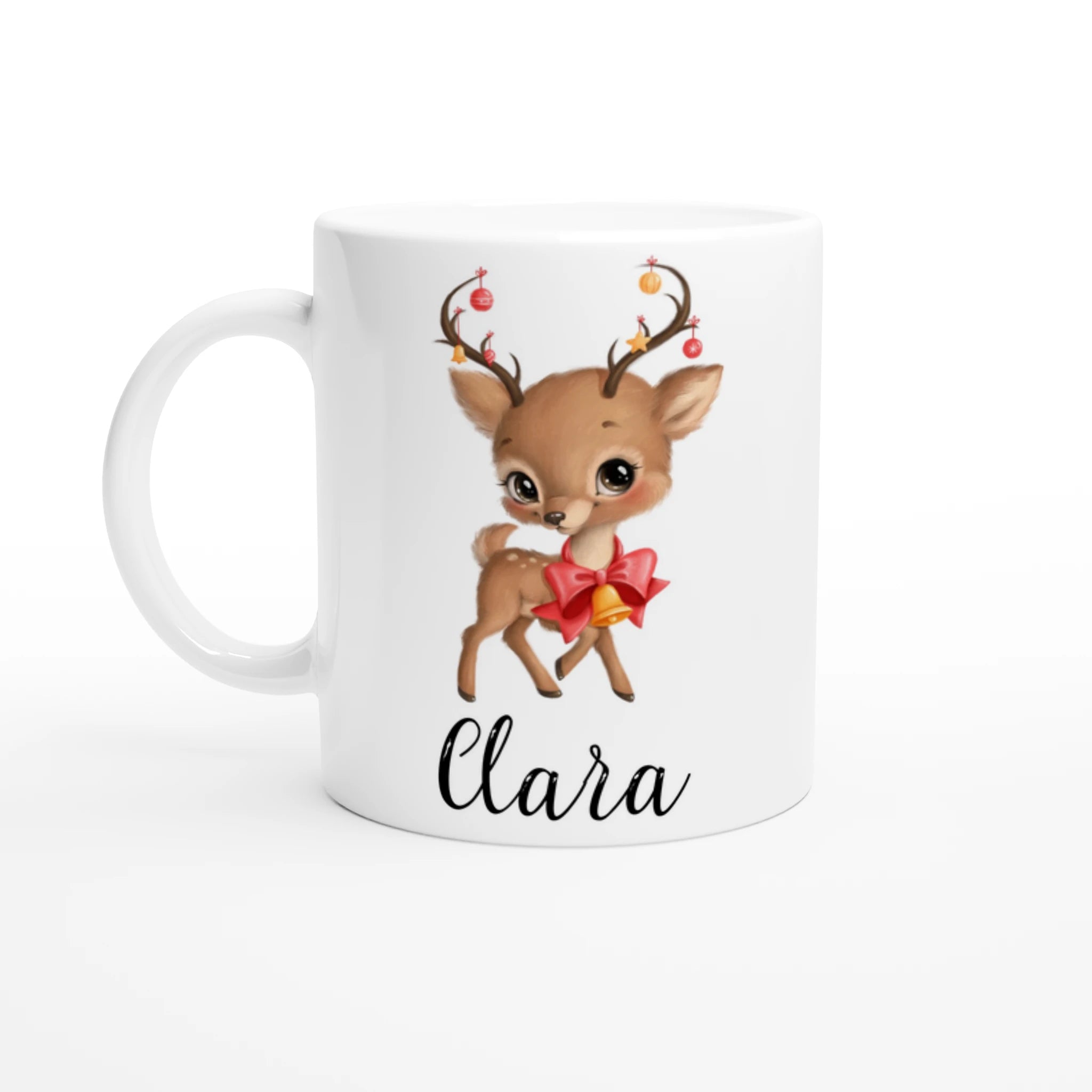 Mug prénom enfant avec renne et Père Noël, intérieur blanc, cadeau parfait pour Noël 2024.