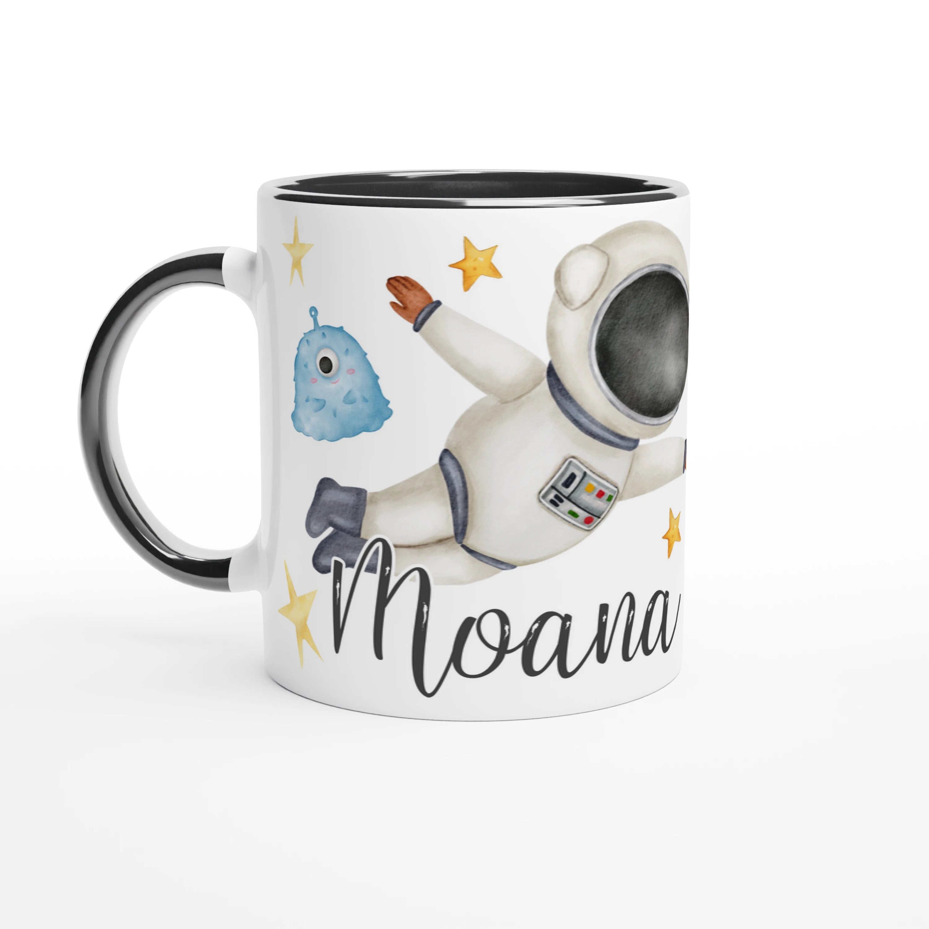 Mug personnalisé avec astronaute et soucoupe volante, intérieur noir, pour une touche élégante et mystérieuse.