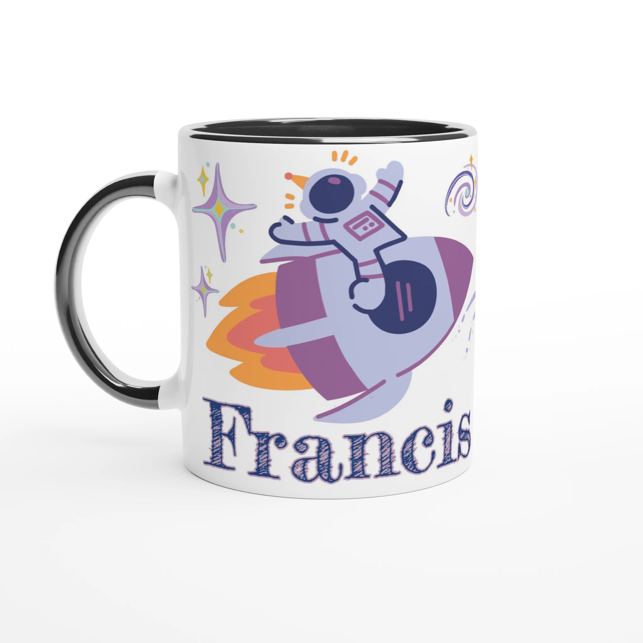 Mug personnalisé avec explorateur de l’espace et étoiles, intérieur noir, pour une touche élégante et futuriste.