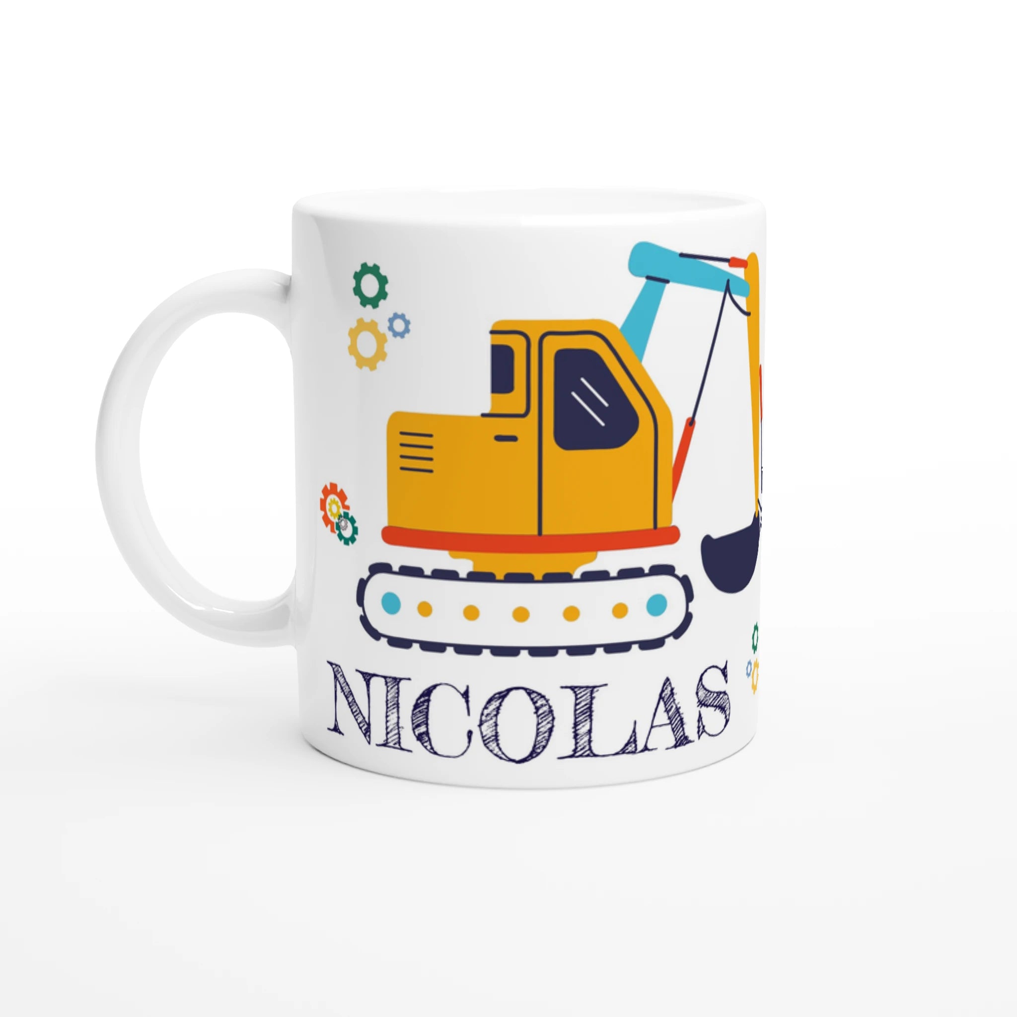 Mug personnalisé tout blanc avec engins de chantier et panneaux de construction, idéal pour un cadeau fun et original.