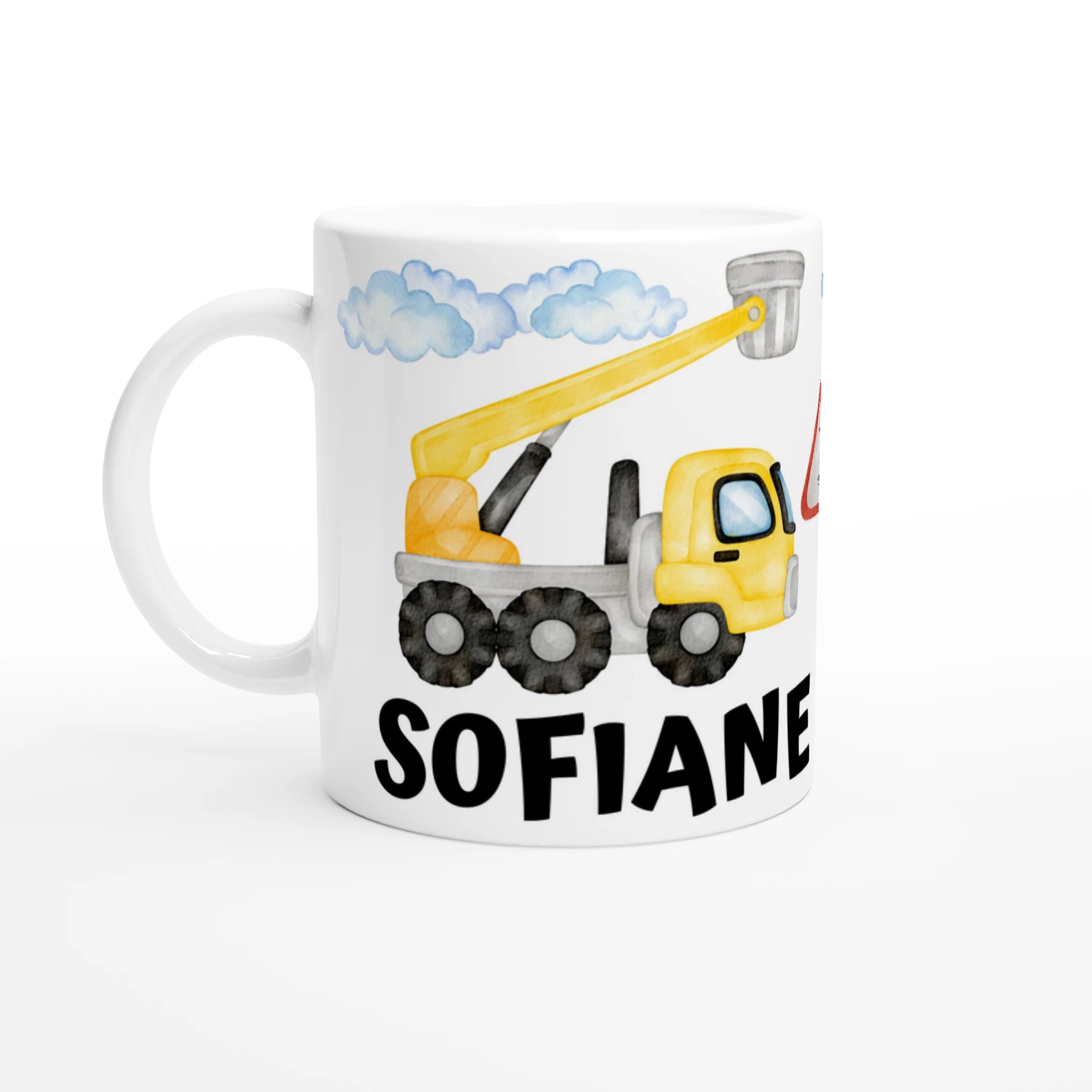 Mug personnalisé tout blanc avec camions de chantier et tracteurs en aquarelle, parfait pour un cadeau ludique et original.