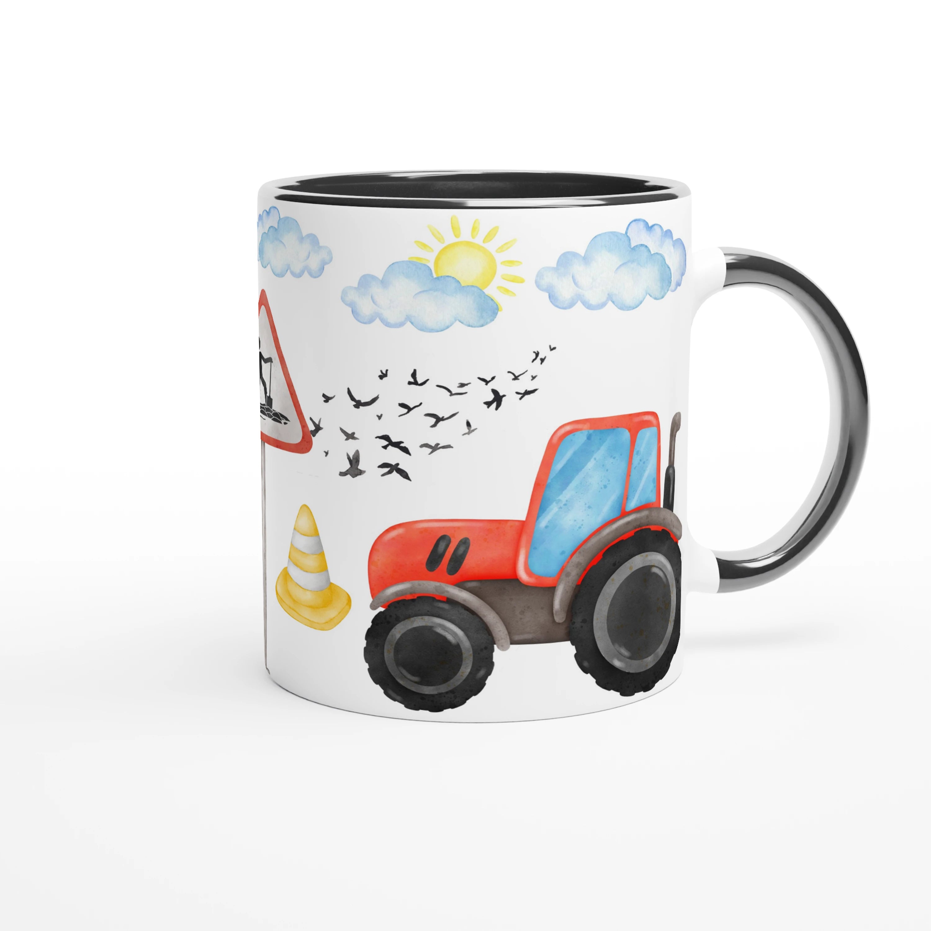 Mug personnalisé avec grue, tracteur et panneaux de signalisation, intérieur noir, pour une touche moderne et contrastée.