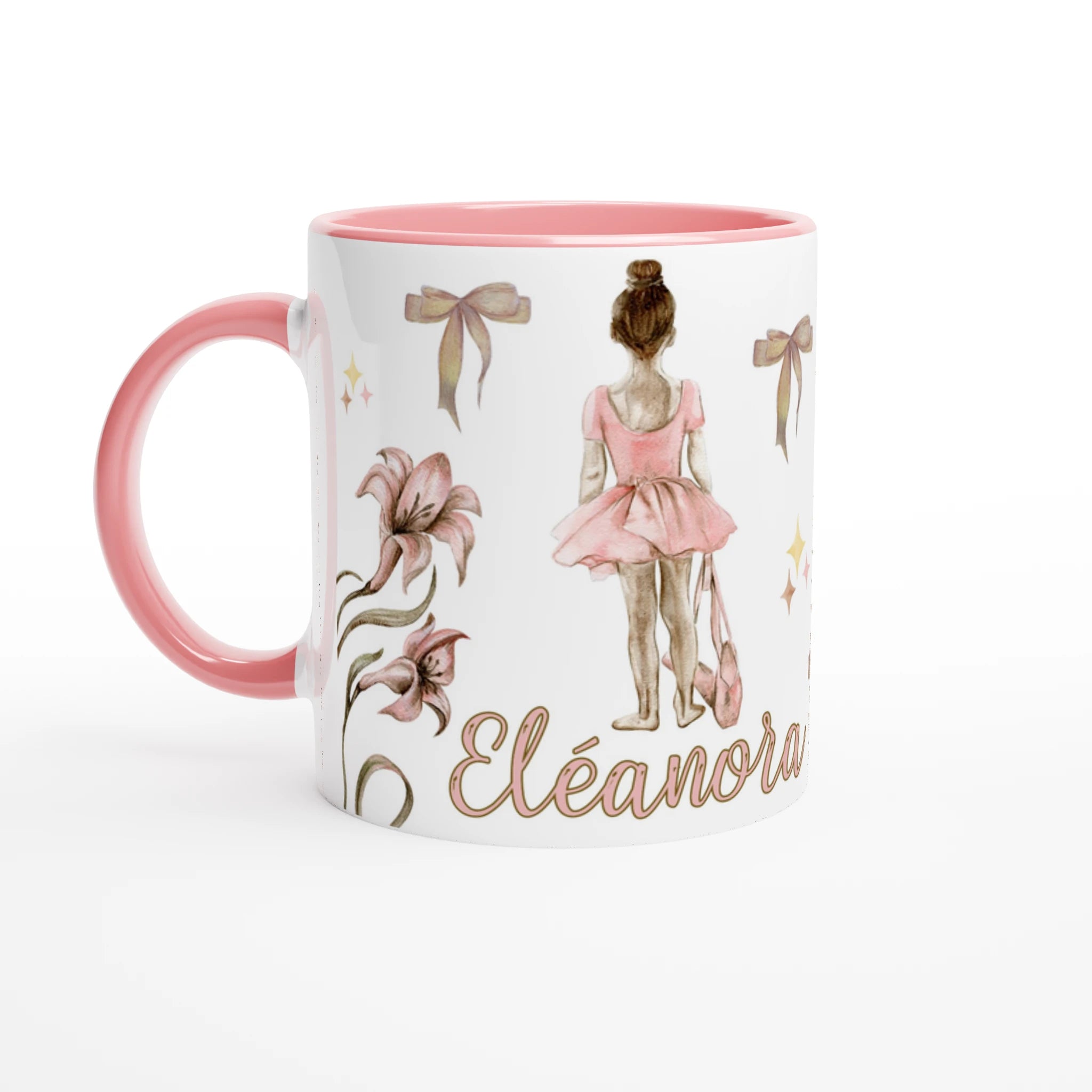 Mug personnalisable avec prénom, design de danseuse tutu et fleurs, intérieur rose, parfait pour un cadeau élégant et unique.