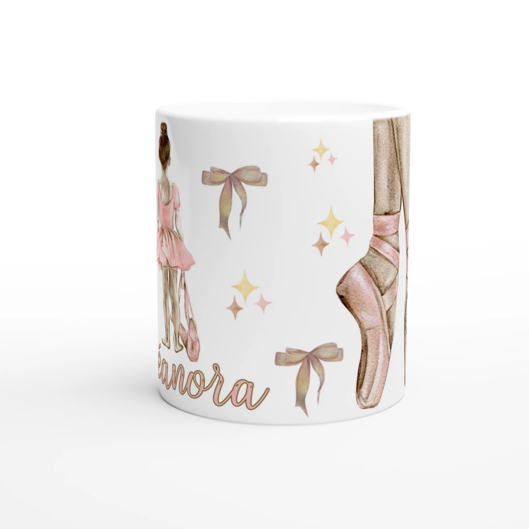 Mug personnalisable tout blanc avec prénom, illustration de ballerine, pointes et fleurs, parfait pour un cadeau unique pour une petite danseuse.
