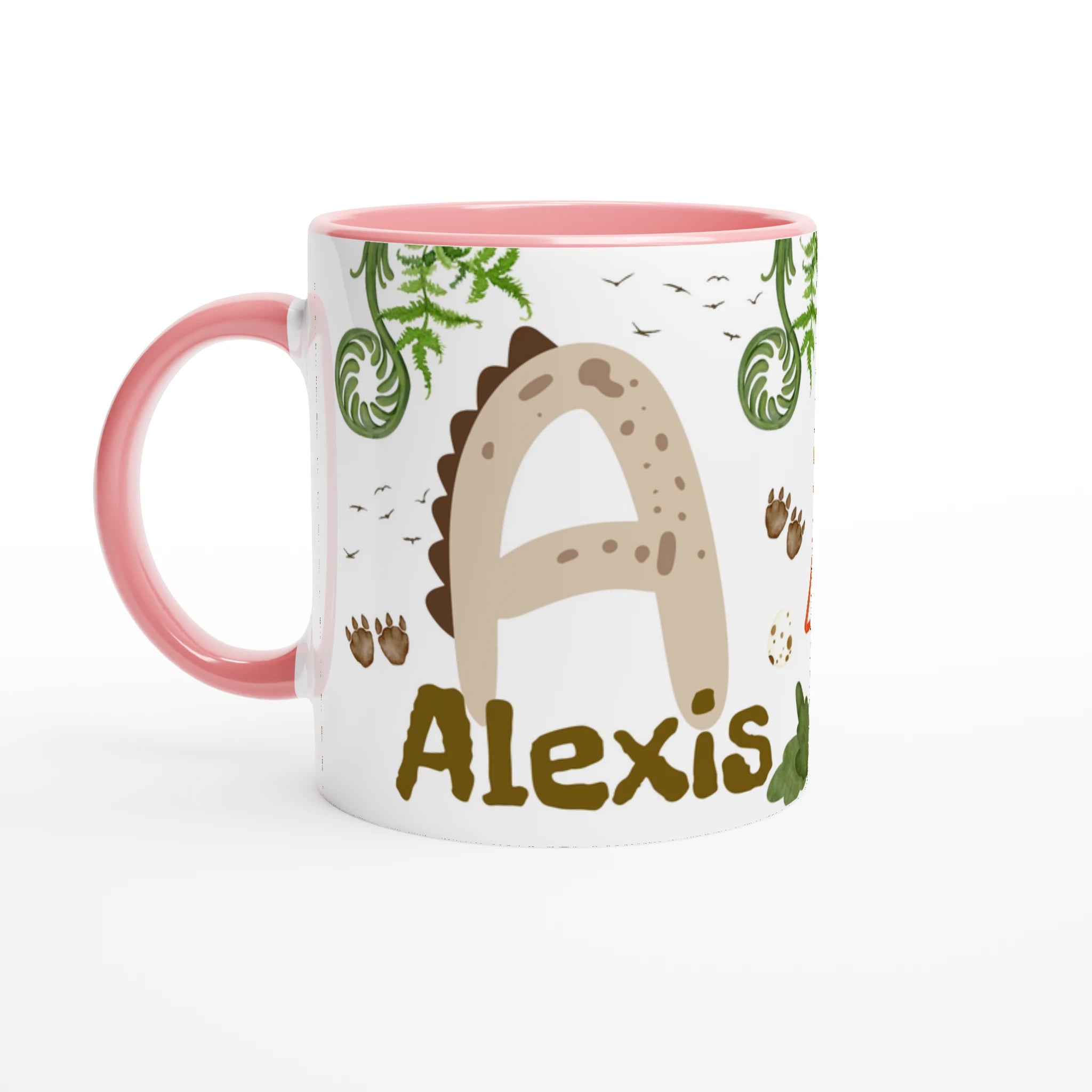 Mug avec initiale, prénom et motif dinosaure, intérieur rose, parfait pour un enfant fan de dinosaures