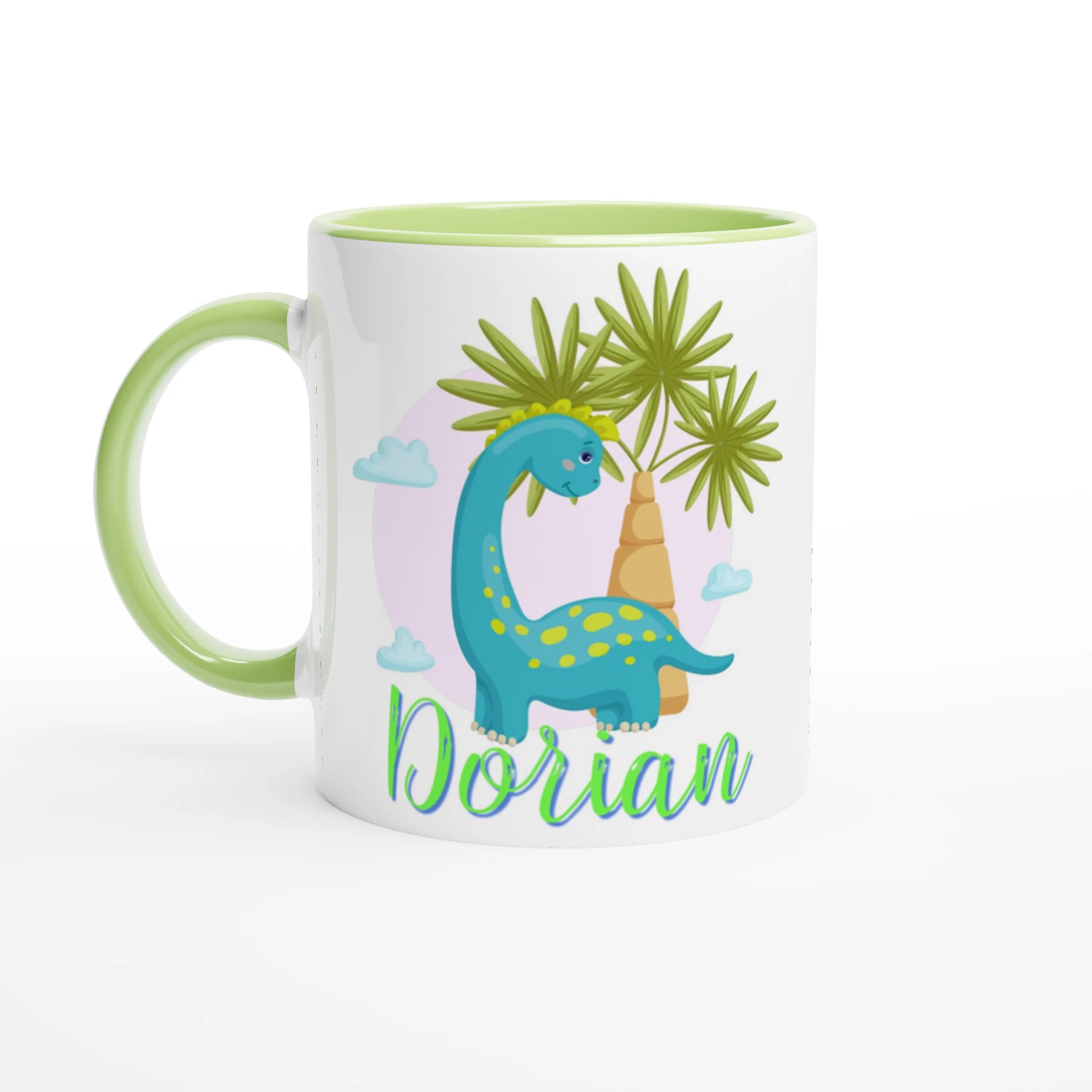 Mug personnalisé avec dinosaure bleu, intérieur vert, parfait comme cadeau original pour enfant.