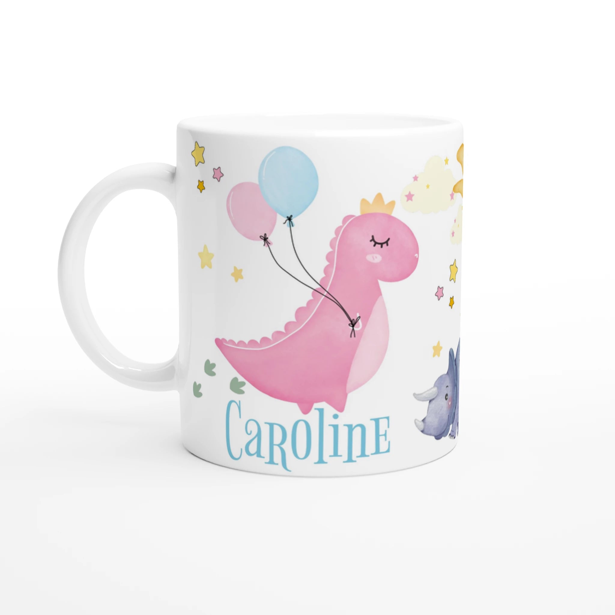 Mug personnalisable avec motif dinosaure rose et intérieur coloré, disponible en blanc et six autres coloris.