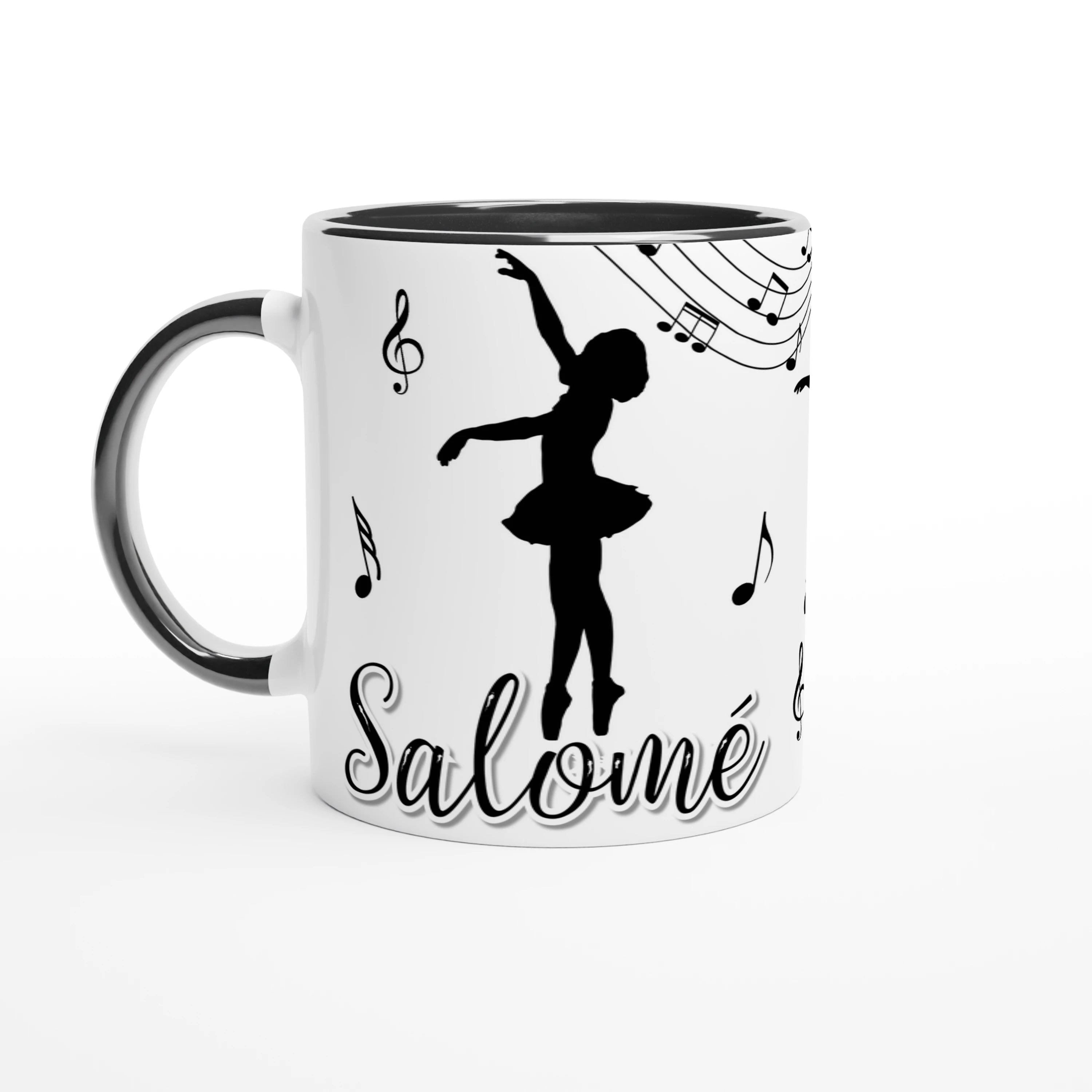 Mug personnalisable avec prénom et motifs de danseuse classique et musique, intérieur noir, parfait pour un cadeau chic et élégant.