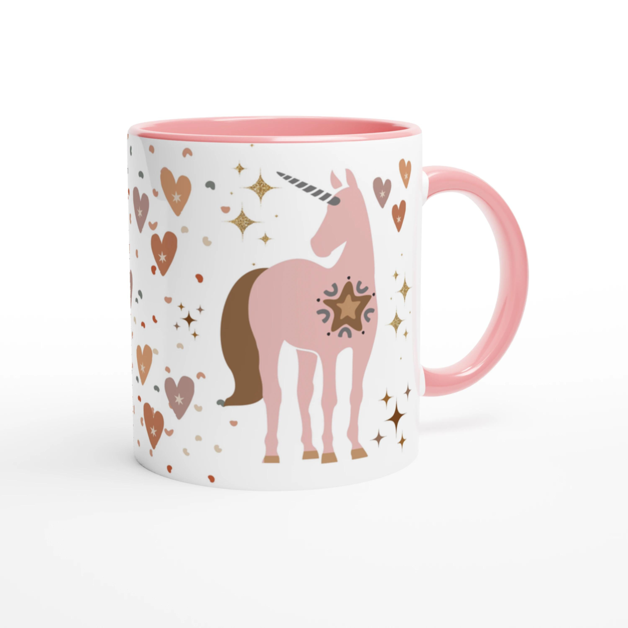 Tasse personnalisée avec licorne rose et détails dorés, intérieur rose, idéale pour un cadeau tendre et magique.